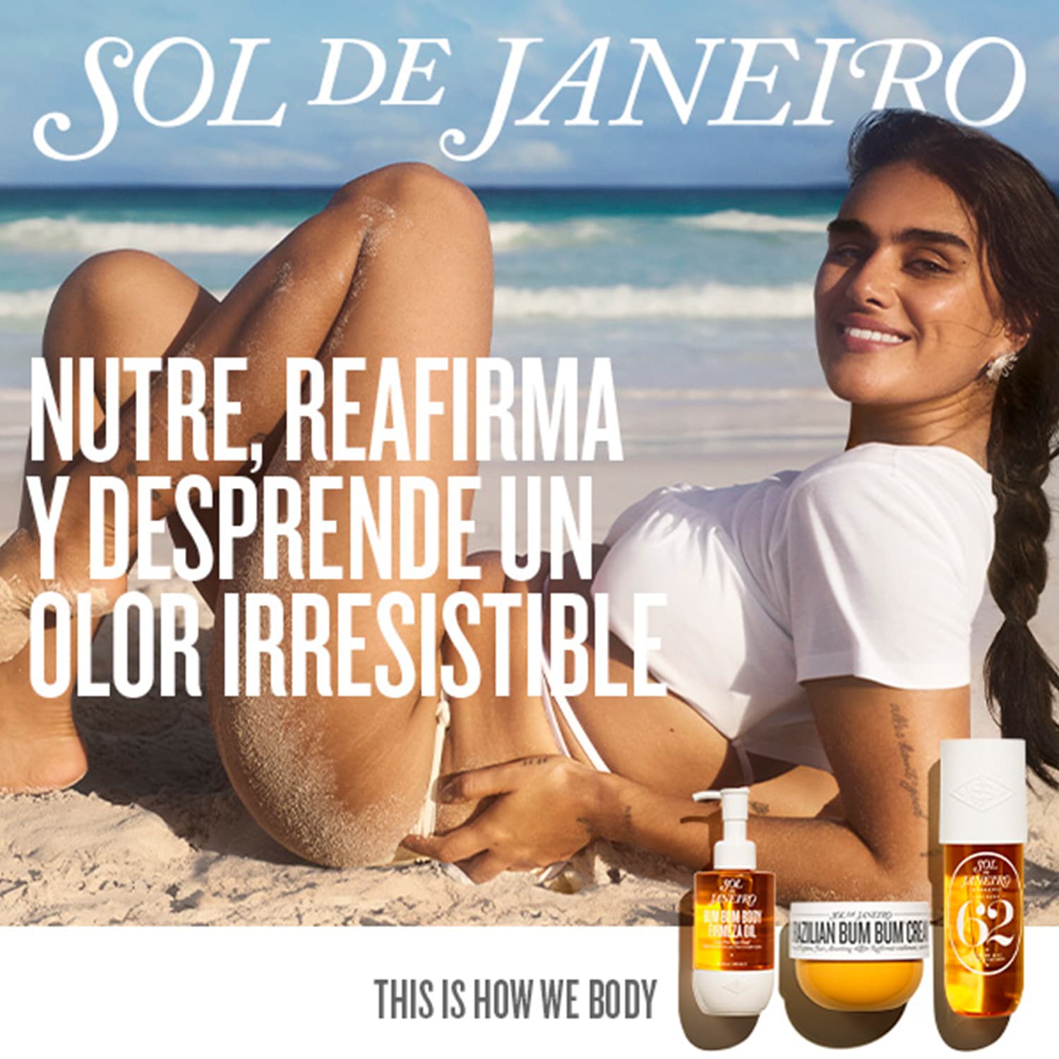 Sol de Janeiro presenta una crema corporal que nutre, reafirma y desprende un olor irresistible, resaltado por el texto promocional en primer plano.