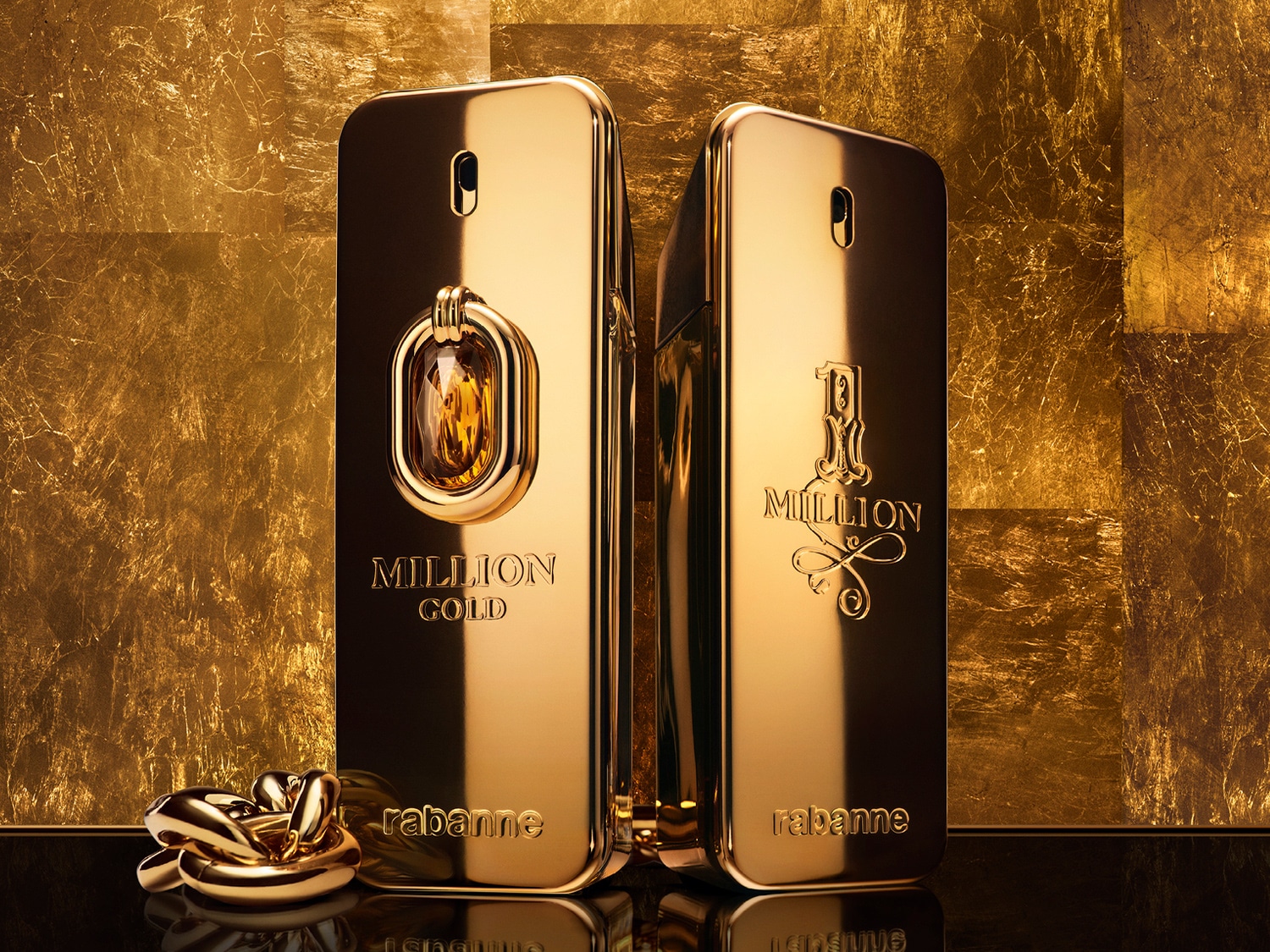 Découvrez le luxe avec le parfum 1 Million Gold de Rabanne, présenté dans un flacon doré étincelant, symbole d'élégance et de richesse.