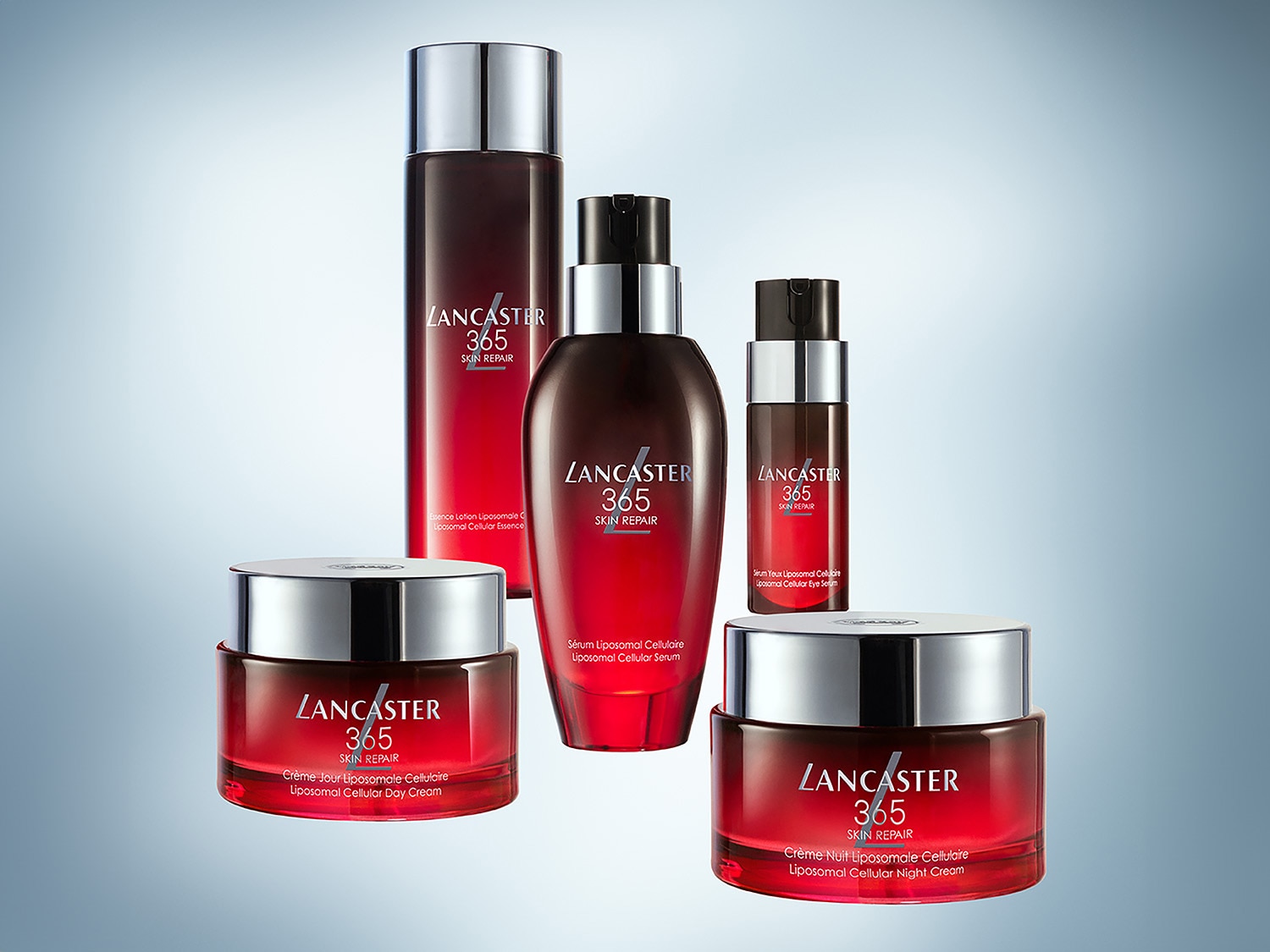 Entdecken Sie die Lancaster 365 Skin Repair-Serie: Essenzlotion, Serum, Augen-Serum, Tages- und Nachtcreme für eine umfassende Hautpflege.