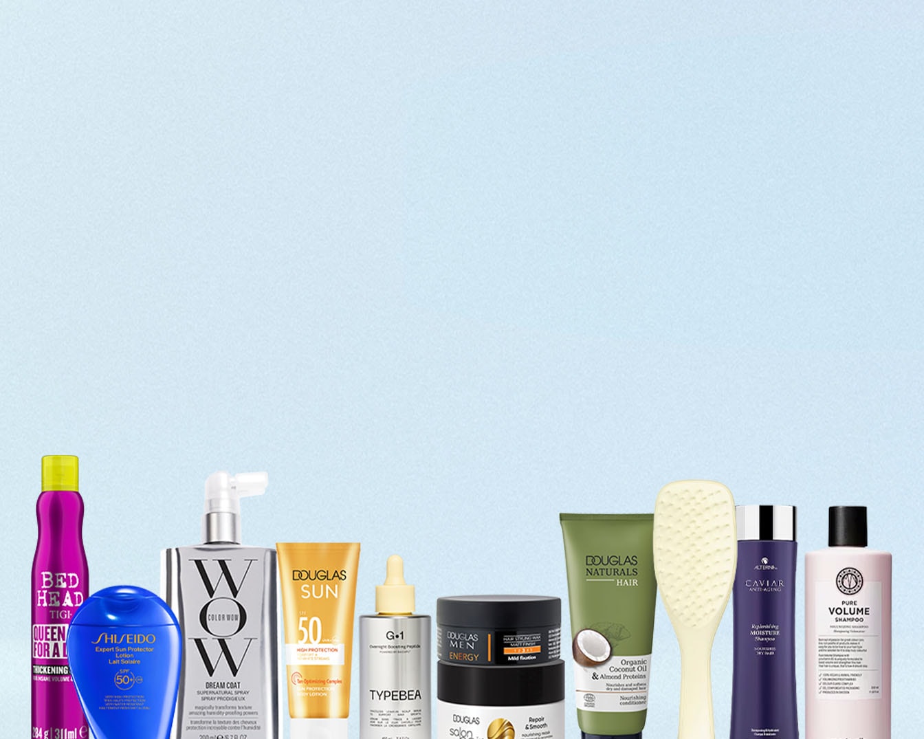 Řada produktů péče o vlasy a opalování různých značek, včetně Bed Head, Shiseido, Douglas Sun a dalších, které nabízejí ochranu, objem a výživu.