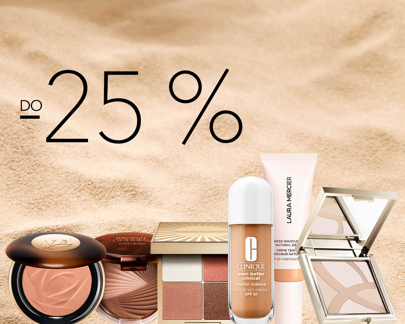 Skorzystaj z rabatu do 25% na wybrane produkty do makijażu, w tym pudry, podkłady i inne kosmetyki od marek takich jak Estée Lauder, Clinique i Laura Mercier.