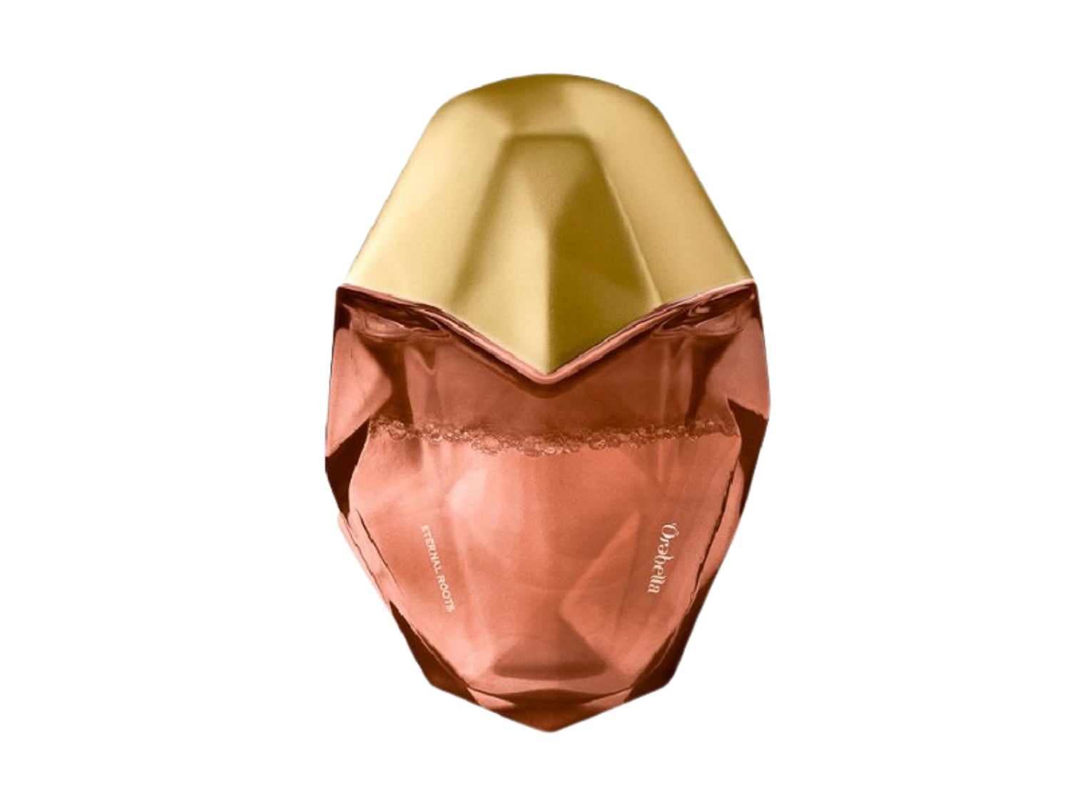 Voici le parfum Ovabella Eternal Roots dans un flacon en forme de pierre précieuse aux tons pêche et coiffé d'un bouchon doré.