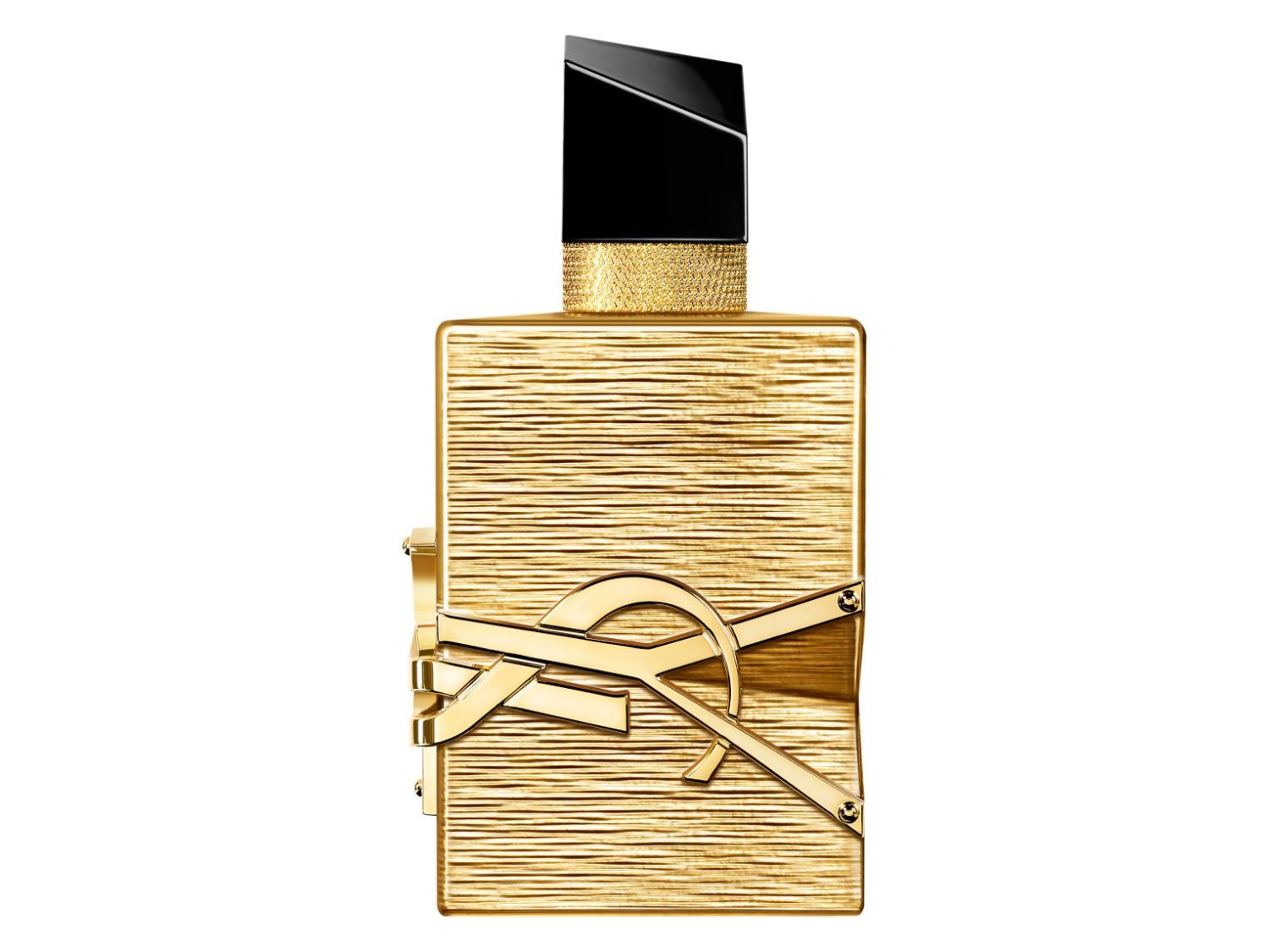 Le parfum Yves Saint Laurent est présenté dans un flacon doré avec un bouchon noir brillant, incarnant luxe et élégance.