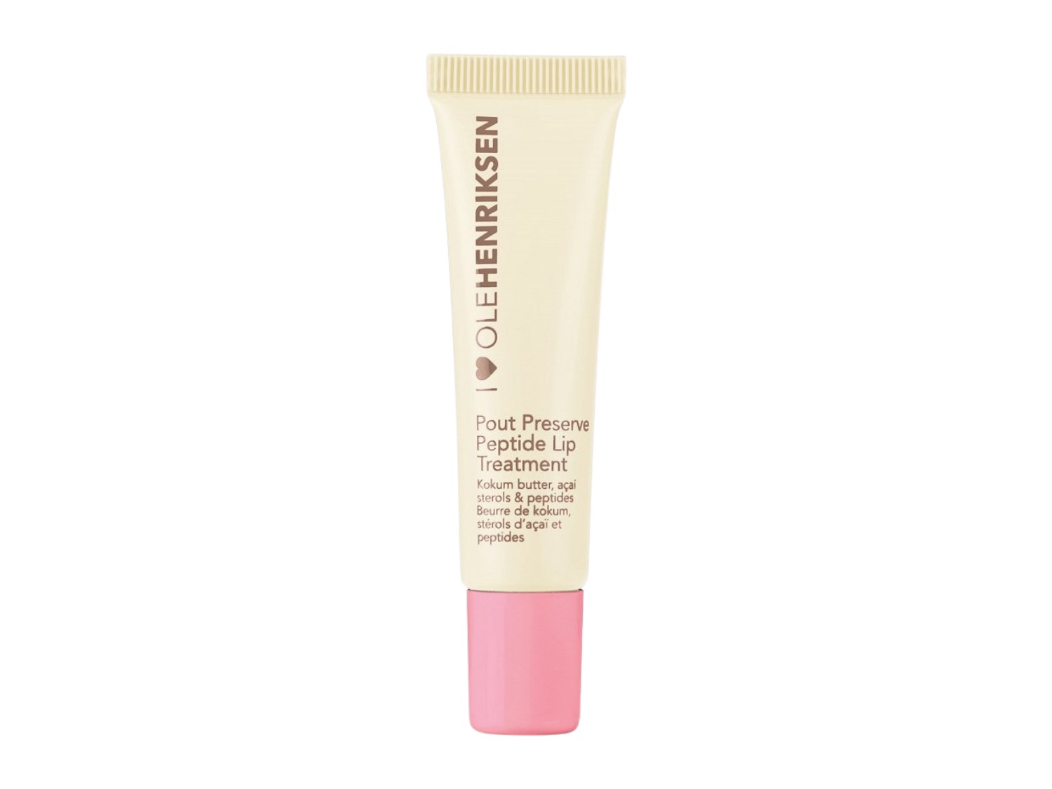 Voici un tube de traitement pour les lèvres Ole Henriksen Pout Preserve Peptide avec un bouchon rose, conçu pour nourrir et préserver vos lèvres.