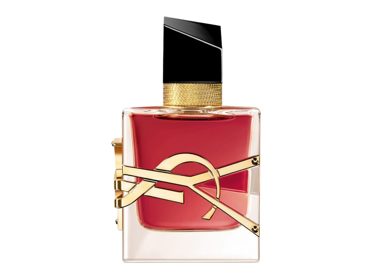 Flacon de parfum carré avec un liquide rougeoyant, orné du logo YSL doré et d'un bouchon noir élégant.