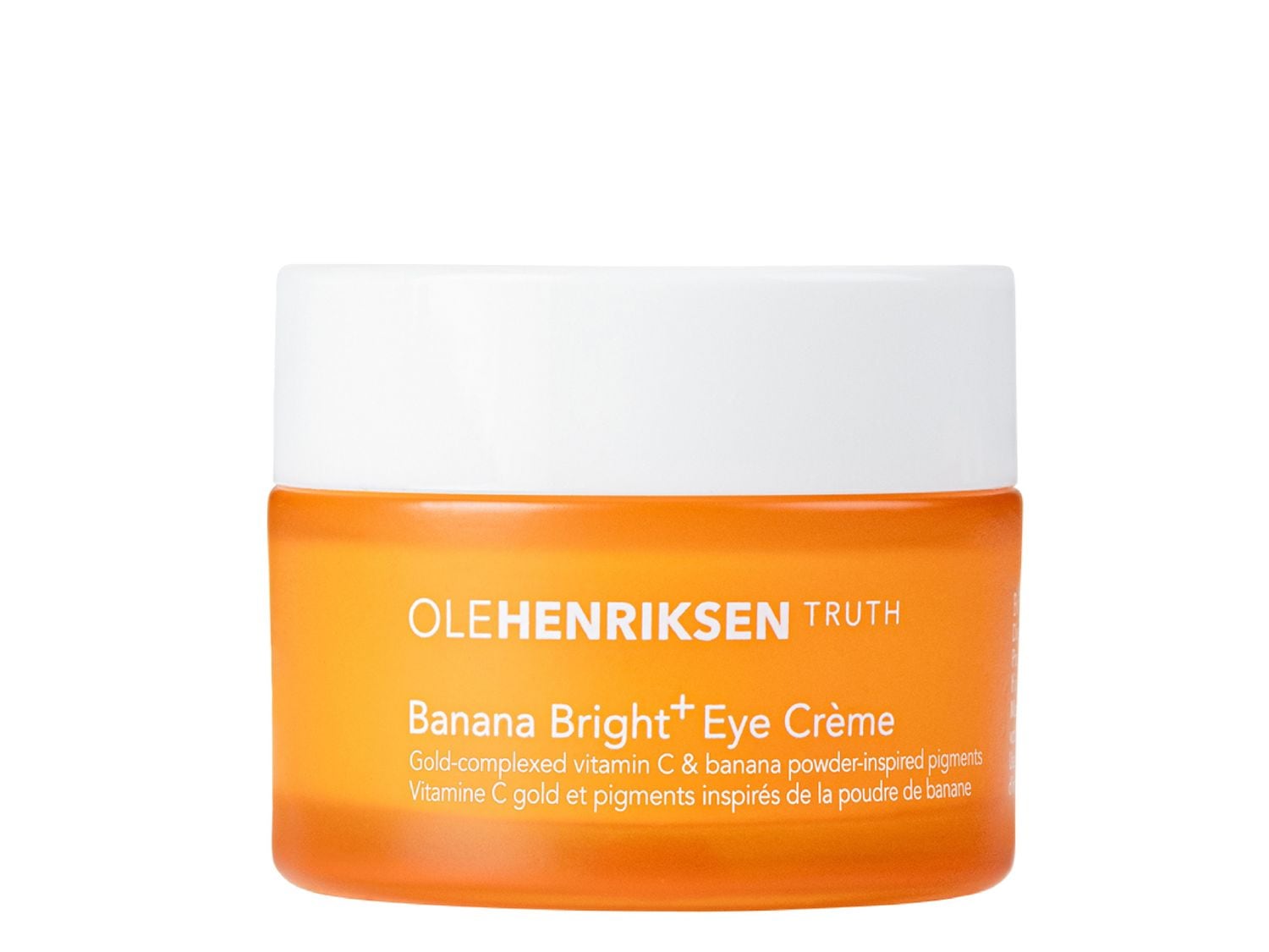 Voici un pot orange et blanc de crème pour les yeux Banana Bright+ d'OLEHENRIKSEN TRUTH, enrichie en vitamine C et en pigments inspirés de la poudre de banane.