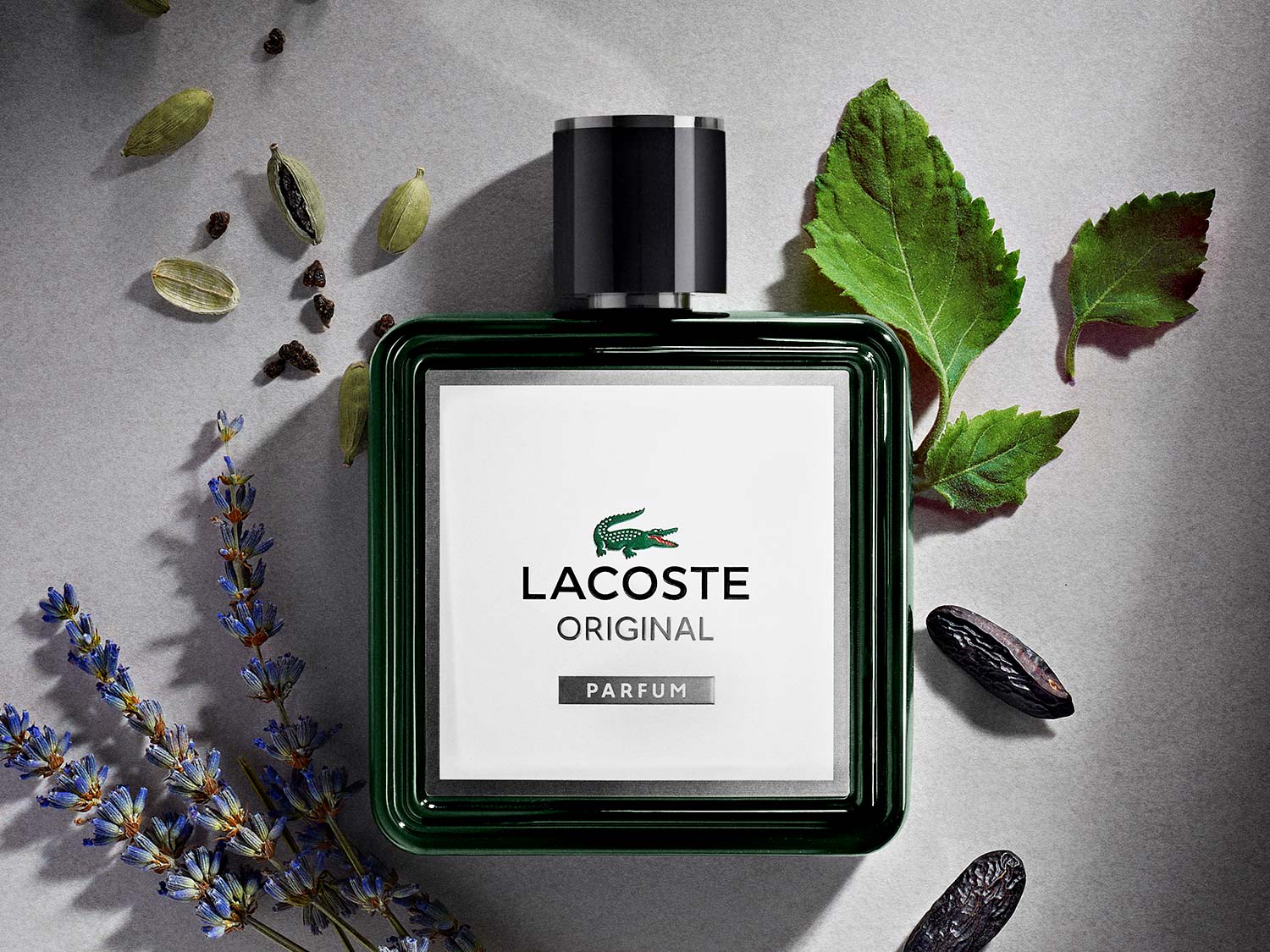 Flakon perfum Lacoste Original z zieloną ramką i czarną nakrętką, otoczony liśćmi mięty, lawendą i ziarnami kardamonu, tworząc świeżą i aromatyczną kompozycję.