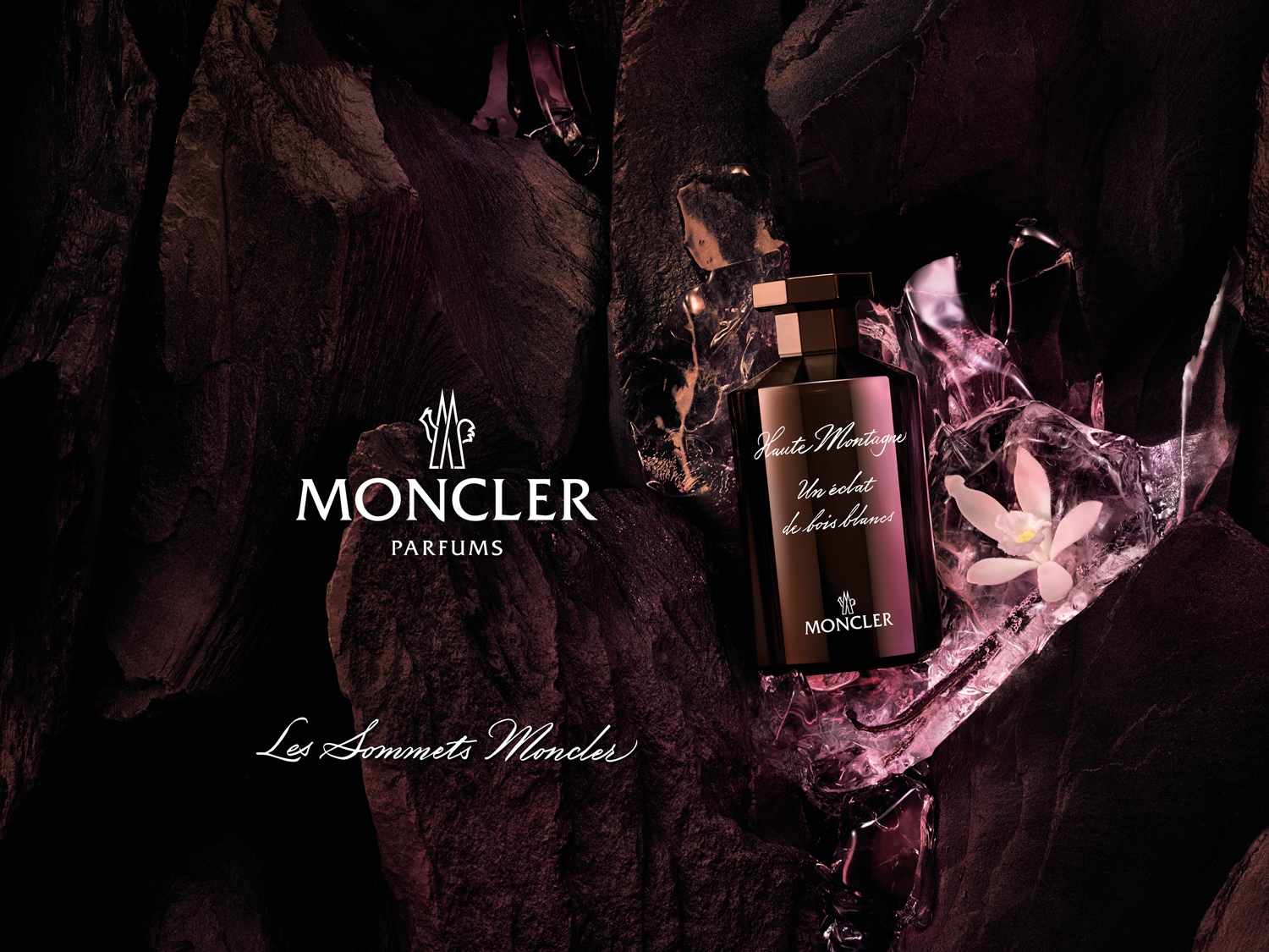 Entdecke Moncler Parfums Les Sommets Moncler: Der dunkelbraune Flakon Haute Montagne verspricht einen strahlenden Duft von weißen Hölzern, eingebettet in eine Szene aus Felsen und einer zarten weißen Blüte.