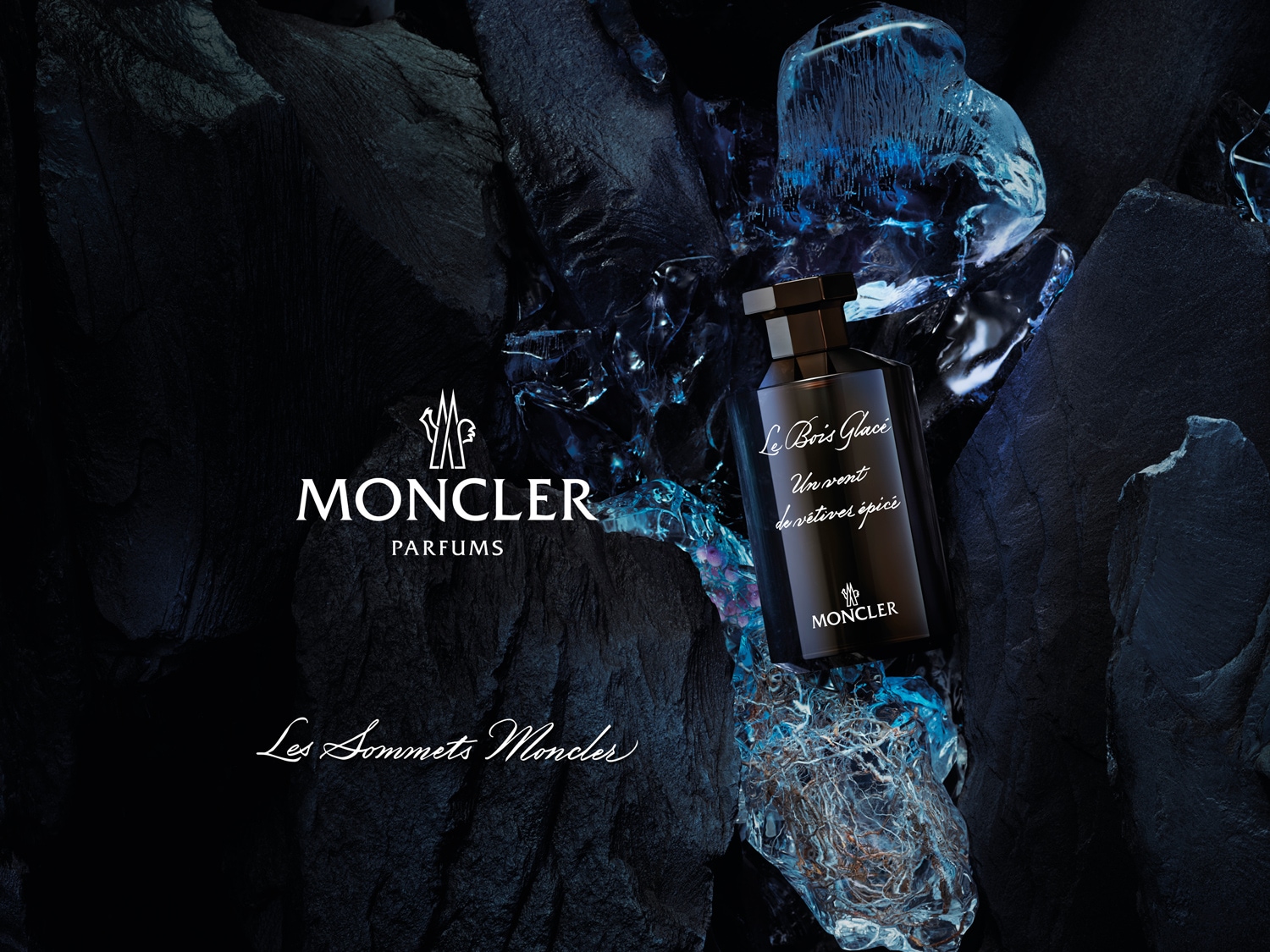 Moncler Parfums präsentiert Le Bois Glacé, einen Duft von Vetiver Épicé, inmitten von dunklen Felsen und eisigen Akzenten.