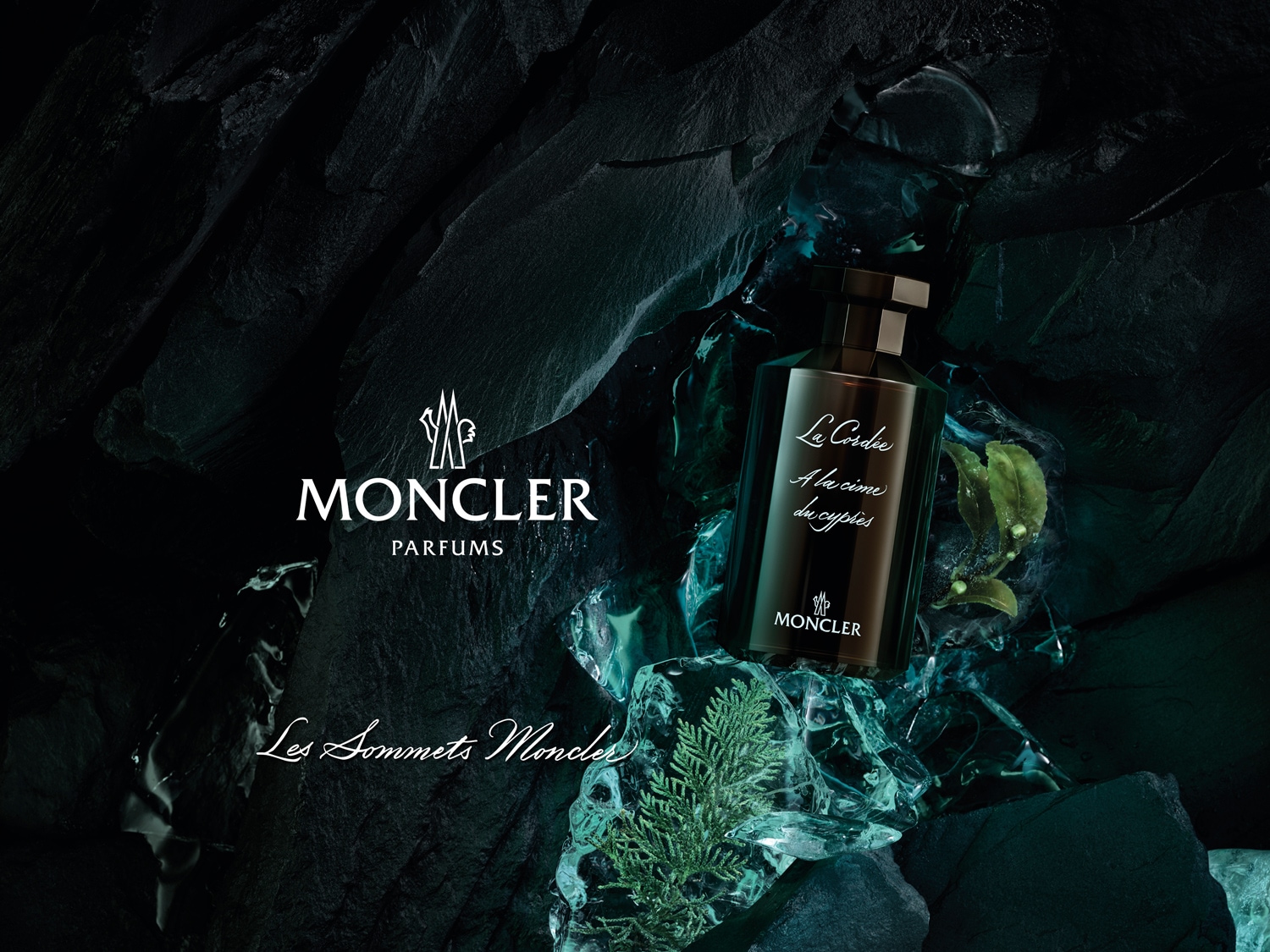 Moncler Parfums präsentiert La Cordee A la cime du cypres, ein Duft, der in einem eleganten, dunklen Flakon angeboten wird und die Essenz von Les Sommets Moncler einfängt.