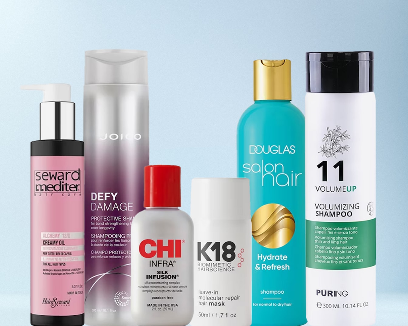 Plaukų priežiūros priemonių asortimentas, įskaitant „Seward Mediter“ kreminį aliejų, „Joico Defy Damage“ šampūną ir „Douglas Salon Hair Hydrate & Refresh“ šampūną.