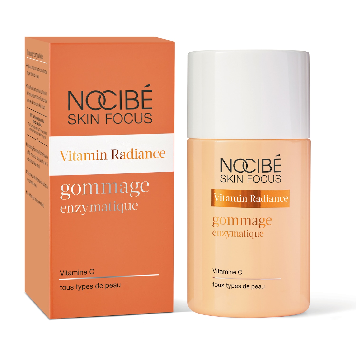 Découvrez le gommage enzymatique Vitamin Radiance de Nocibé Skin Focus, enrichi en Vitamine C, adapté à tous les types de peau, présenté dans un emballage orange et blanc.