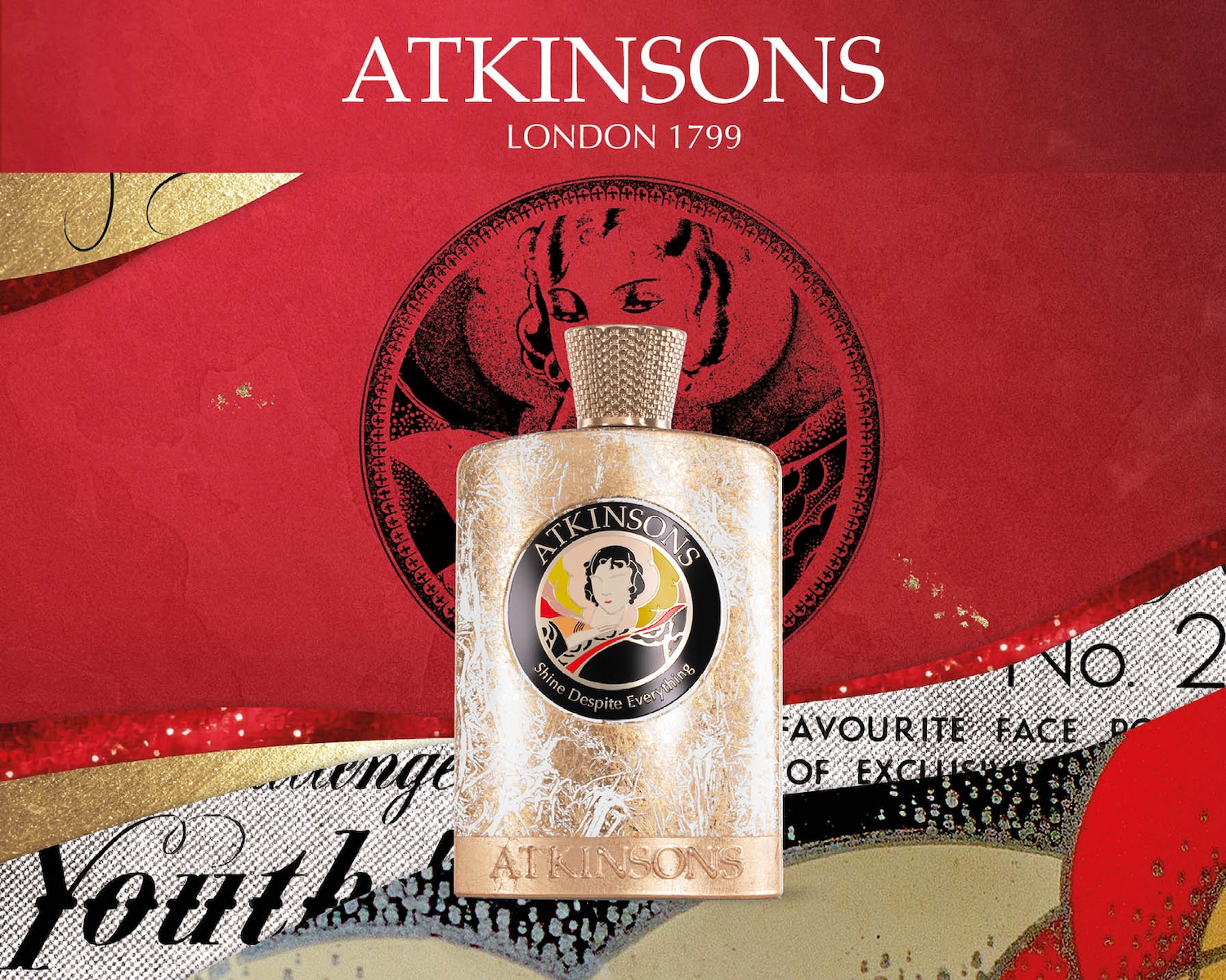 Atkinsons London 1799 Parfümflasche in Gold mit der Aufschrift Shine Despite Everything.