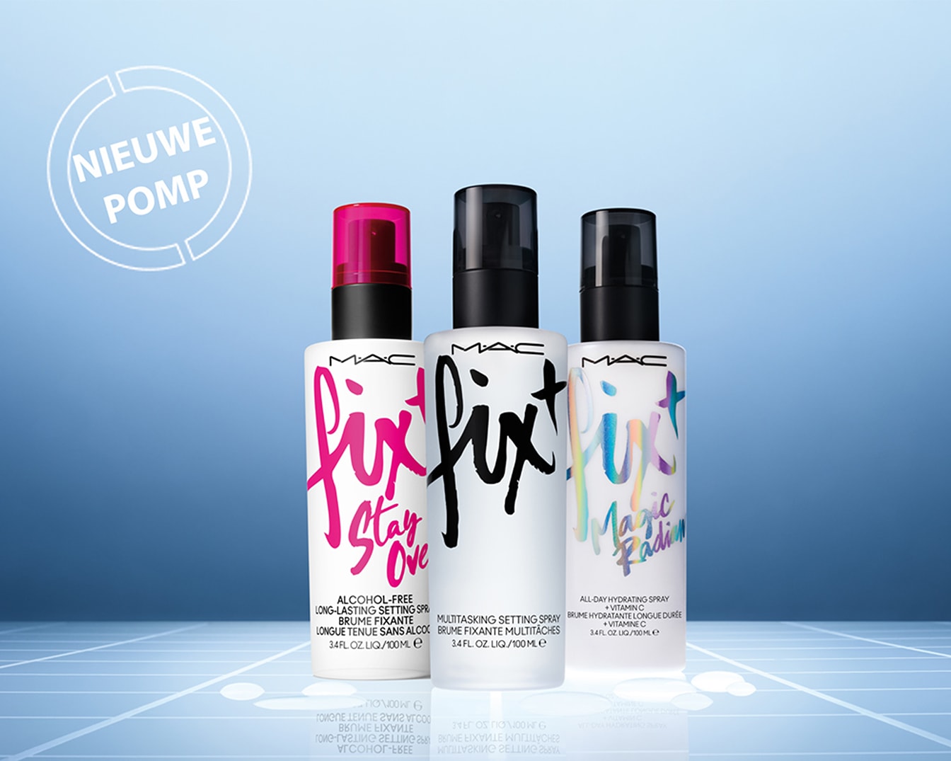 Ontdek de M.A.C Fix+ collectie: Stay Over, een alcoholvrije setting spray voor een langdurige fixatie; Multitasking, een veelzijdige setting spray; en Magic Radiance, een hydraterende spray met vitamine C voor een stralende teint.