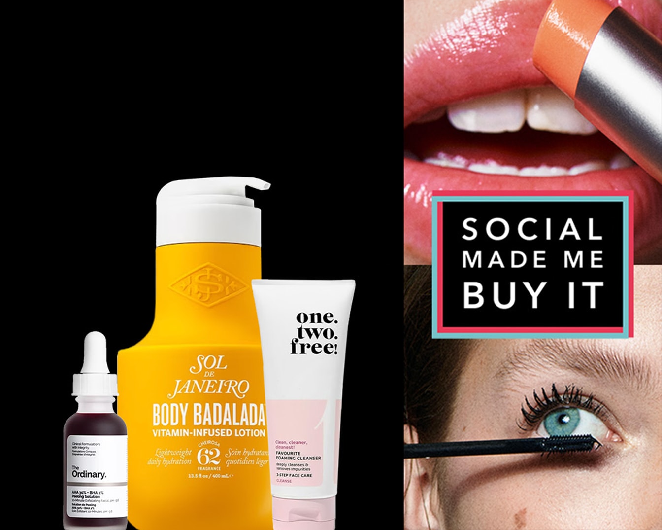 Ontdek huidverzorgingsproducten zoals The Ordinary peeling solution, Sol de Janeiro bodylotion en One Two Free cleanser, allemaal aanbevolen door sociale media.