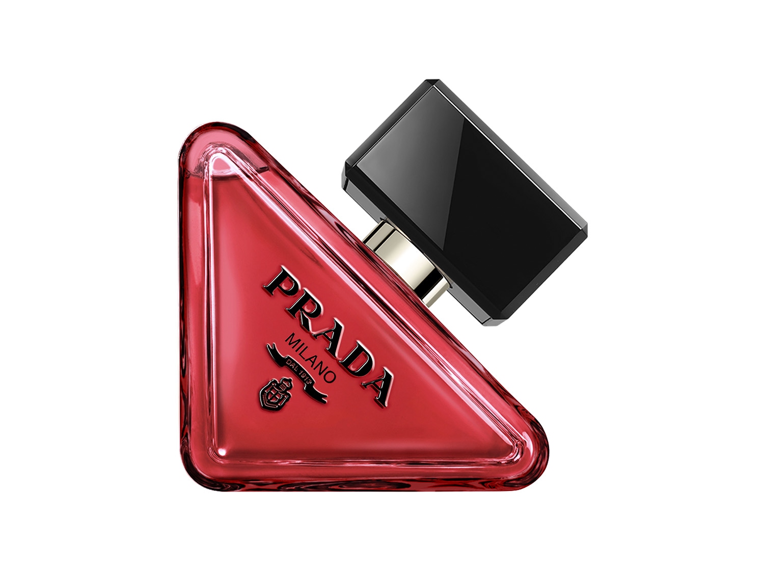 Découvrez le parfum Prada Paradoxe Rouge dans son flacon triangulaire rouge iconique avec un bouchon noir brillant, symbole d'élégance et d'innovation.