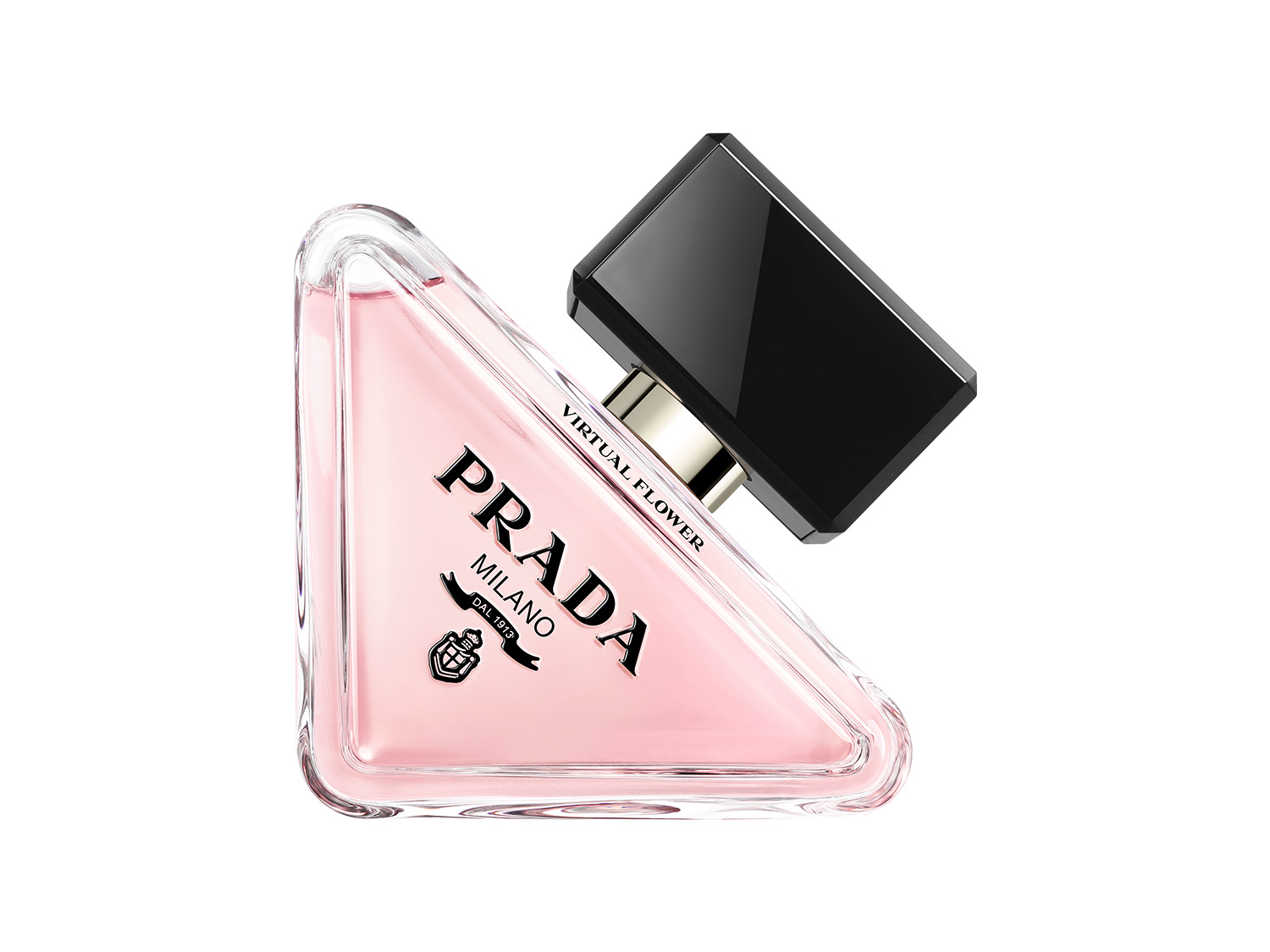 Découvrez Prada Virtual Flower, un parfum délicat dans un flacon triangulaire rose pâle avec un bouchon noir brillant, symbole d'élégance et de modernité.