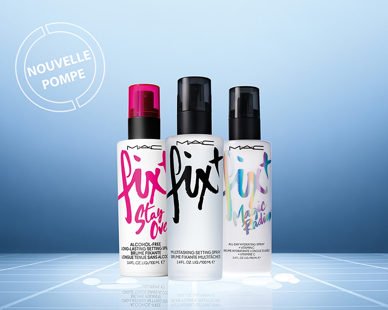 Découvrez la nouvelle pompe des sprays fixateurs MAC, disponibles en trois variantes : Stay Over, Multitasking et Magic Radiance.