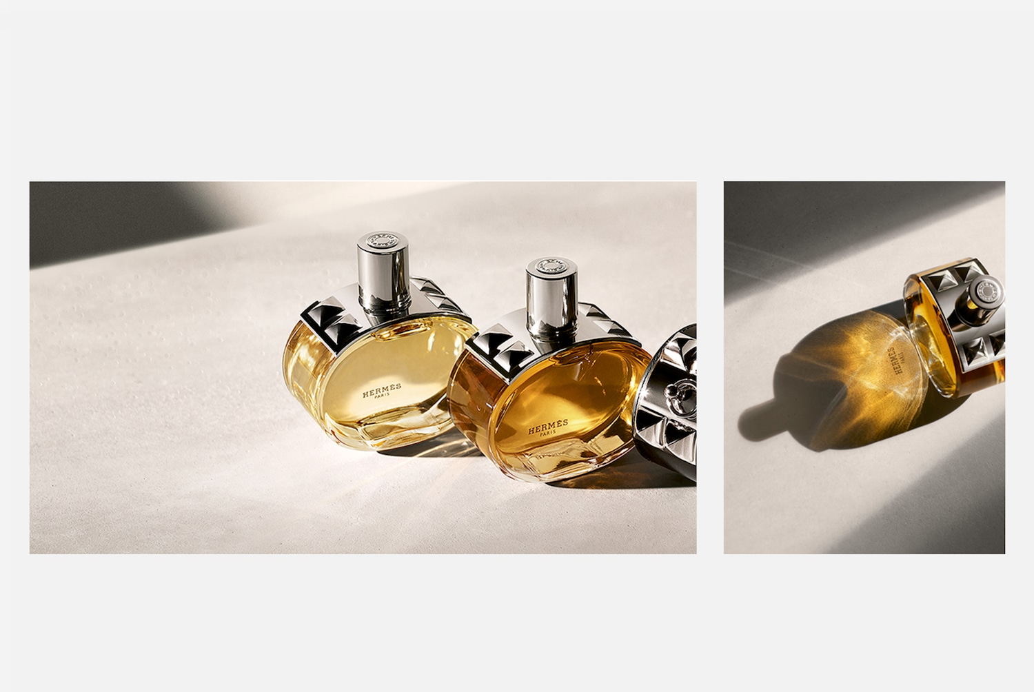 Découvrez le parfum Hermès, un flacon rond rempli d'un liquide doré, coiffé d'un bouchon argenté clouté, évoquant luxe et raffinement.