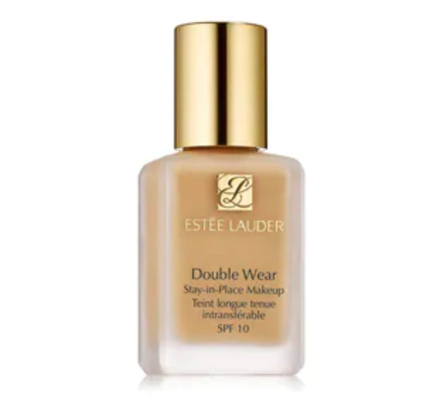 Das Estée Lauder Double Wear Stay-in-Place Makeup mit SPF 10 in einer transparenten Glasflasche mit goldenem Deckel.