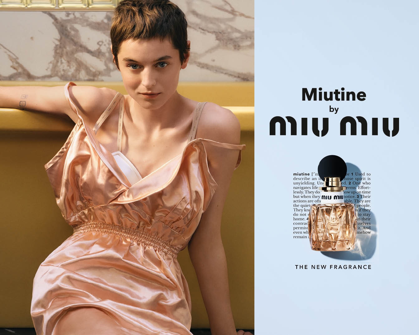 Découvrez Miutine, le nouveau parfum de Miu Miu, présenté aux côtés d'une femme portant une robe rose satinée, pour une touche de fraîcheur et d'élégance.