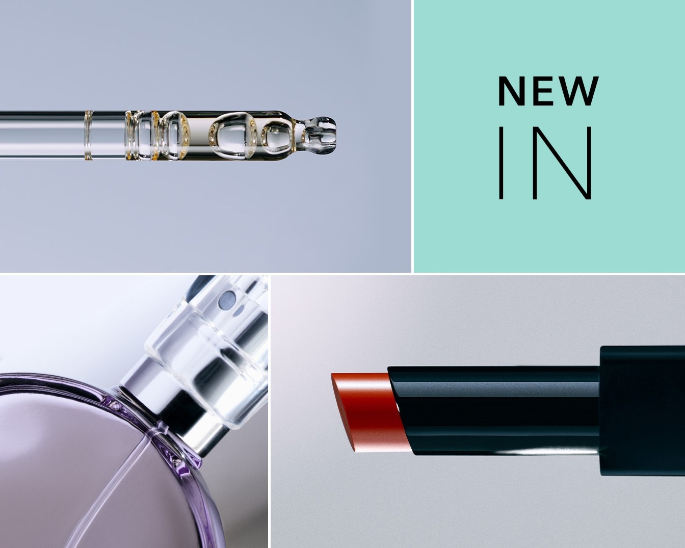 Entdecke die neuesten Beauty-Highlights: Ein Serum mit Pipette, ein zarter Flakon und ein eleganter Lippenstift in tiefem Rot – jetzt neu bei uns!
