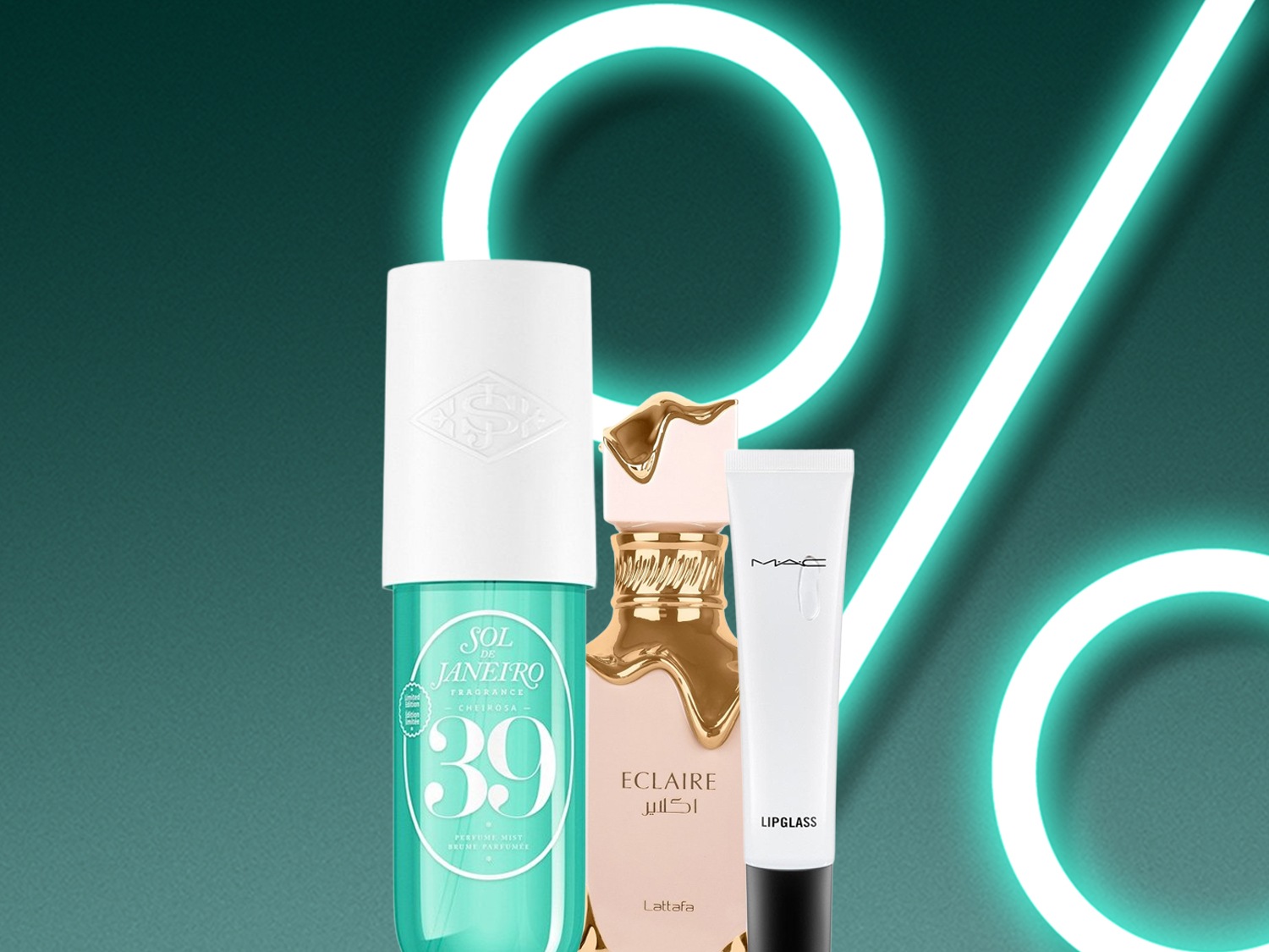 Entdecken Sie Sol Janeiro Cheirosa '39 Parfüm-Mist, Eclaire Eau de Parfum von Lattafa und MAC Lipgloss vor einem hellen Prozentsymbol.