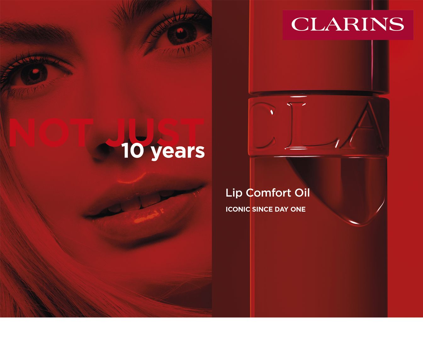 Clarins Lip Comfort Oil, al 10 jaar een icoon, in een rode verpakking.