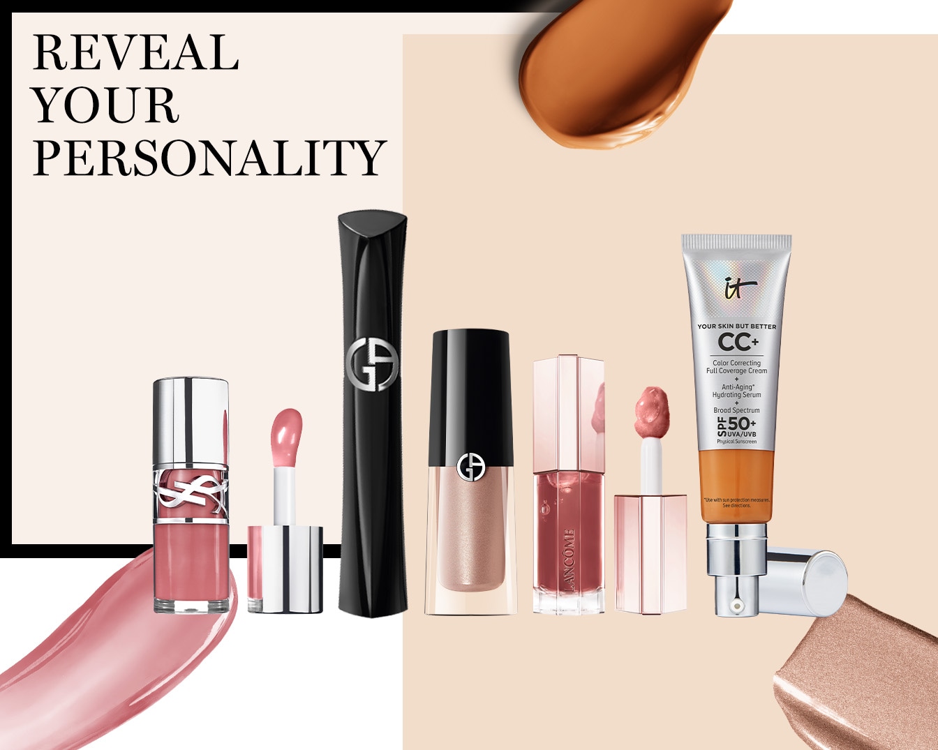 Laat je persoonlijkheid zien met een collectie van YSL-lippenstift, Giorgio Armani-lippenstift, Lancôme-lippenstift en It Cosmetics CC+ crème.