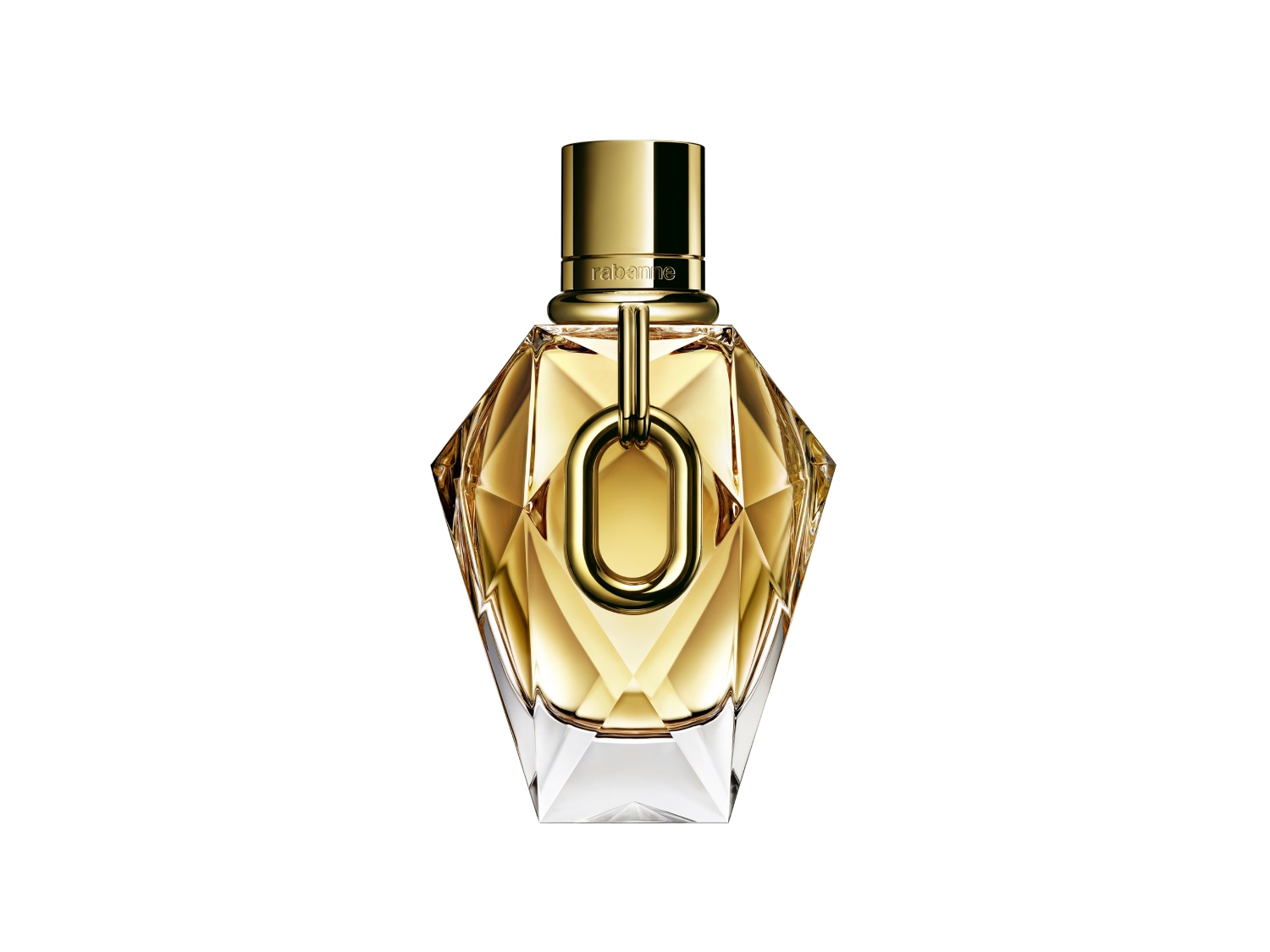Butelka perfum w kształcie diamentu z przezroczystego szkła z złotymi akcentami i złotym korkiem.