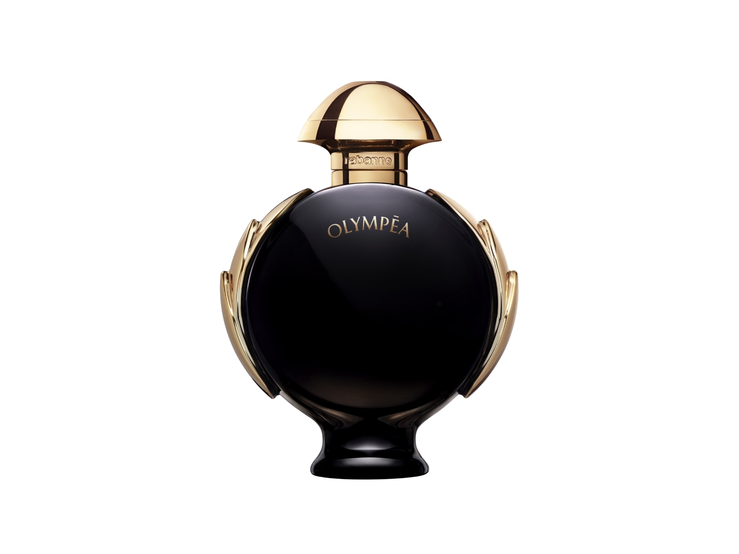 Czarny flakon perfum Olympéa z błyszczącymi złotymi detalami tworzy luksusowy i elegancki wygląd.