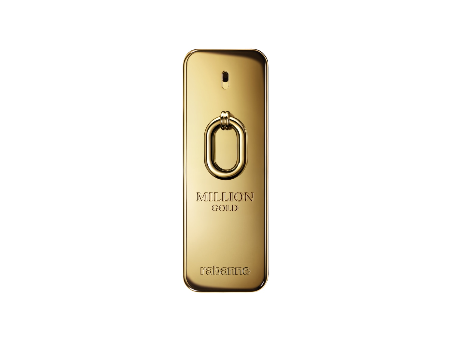 Błyszczący, złoty flakon perfum Paco Rabanne 1 Million Gold w kształcie sztabki złota z wygrawerowanym logo i nazwą.