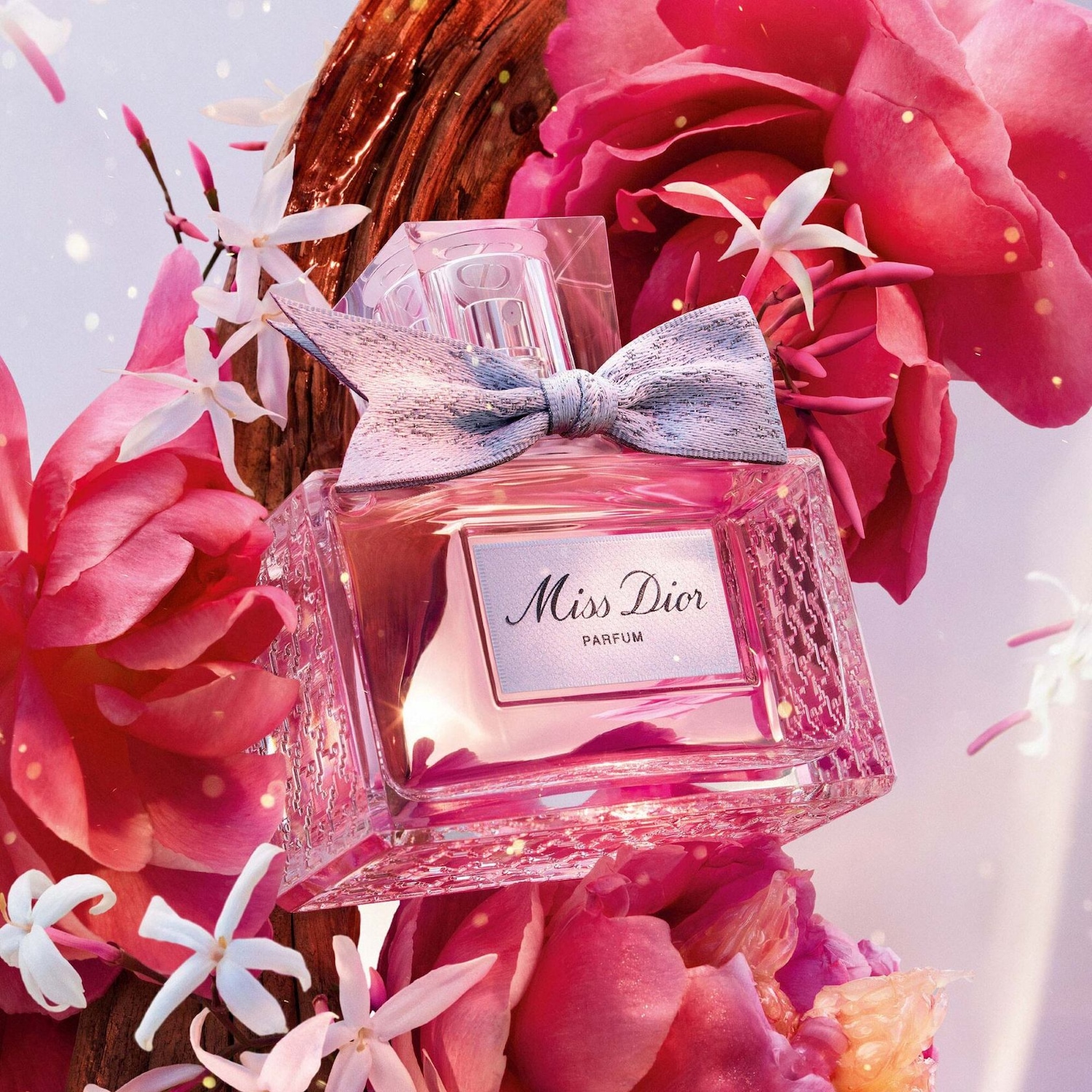 Découvrez Miss Dior Parfum, un écrin de cristal rose orné d'un nœud poétique, sublimé par un bouquet floral vibrant et des notes boisées chaleureuses.