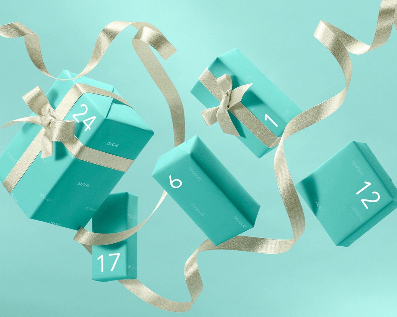 Découvrez le calendrier de l'Avent Douglas, avec des cadeaux emballés dans du papier turquoise et décorés de rubans dorés, numérotés de 1 à 24.