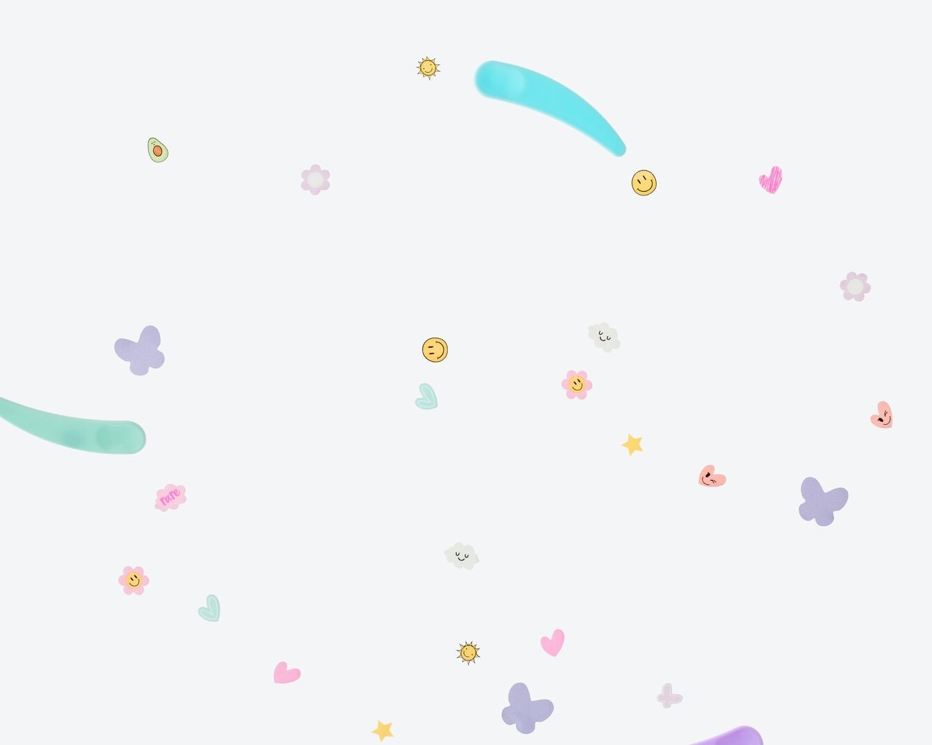Auf einem hellen Hintergrund sind verspielte Pimple-Patches in Form von Schmetterlinge, Herzen, Blumen und Smileys verteilt.