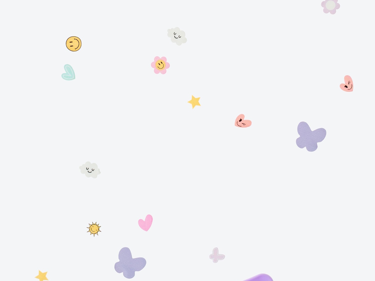 Auf einem hellen Hintergrund sind verschiedene bunte Pimple-Patches verteilt, darunter ein gelbes Smiley, eine rosa Blume, Herzen, Wolken, Sterne und lila Schmetterlinge.
