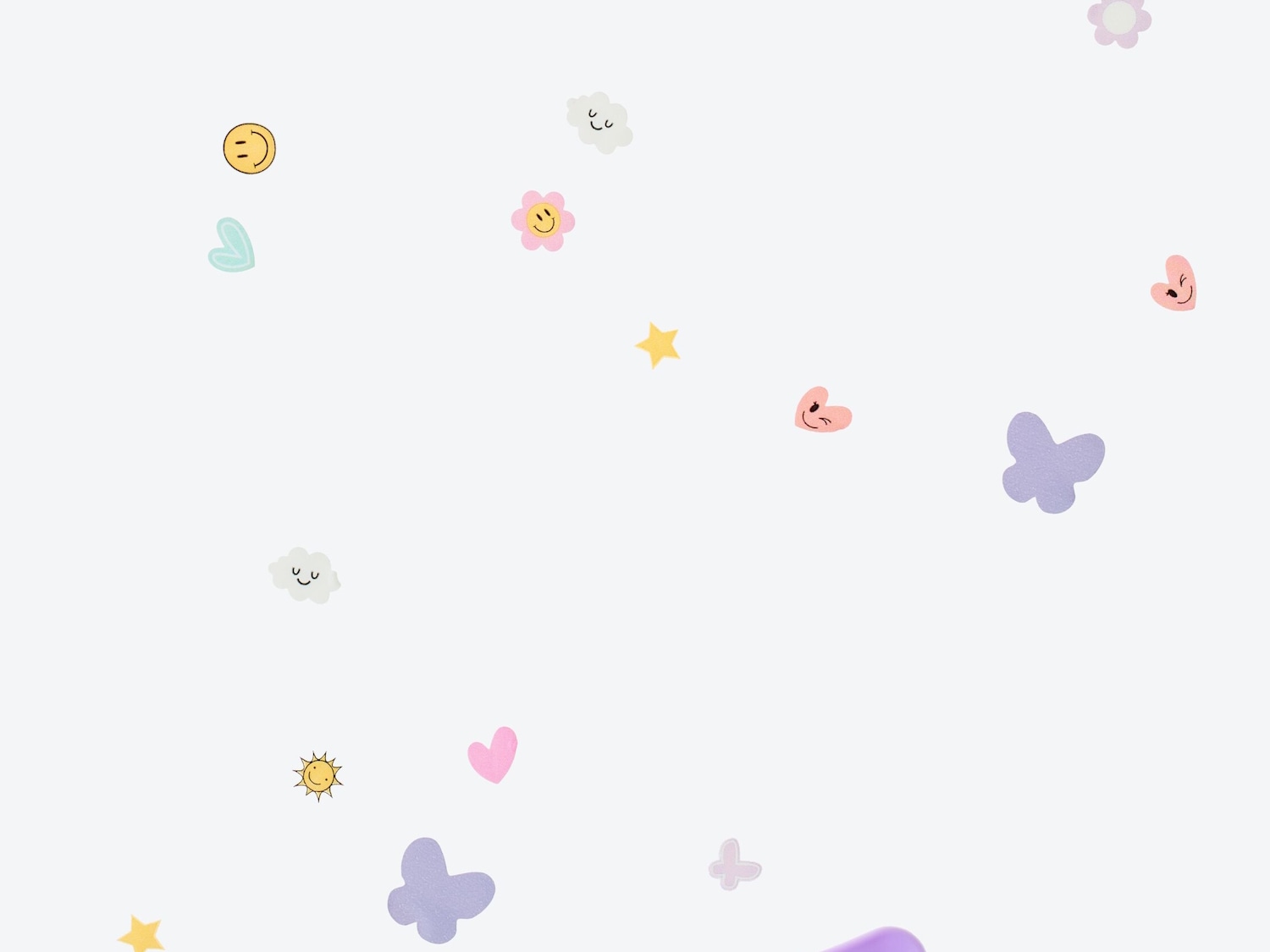 Auf einem hellen Hintergrund sind verschiedene bunte Pimple-Patches verteilt, darunter ein gelbes Smiley, eine rosa Blume, Herzen, Wolken, Sterne und lila Schmetterlinge.