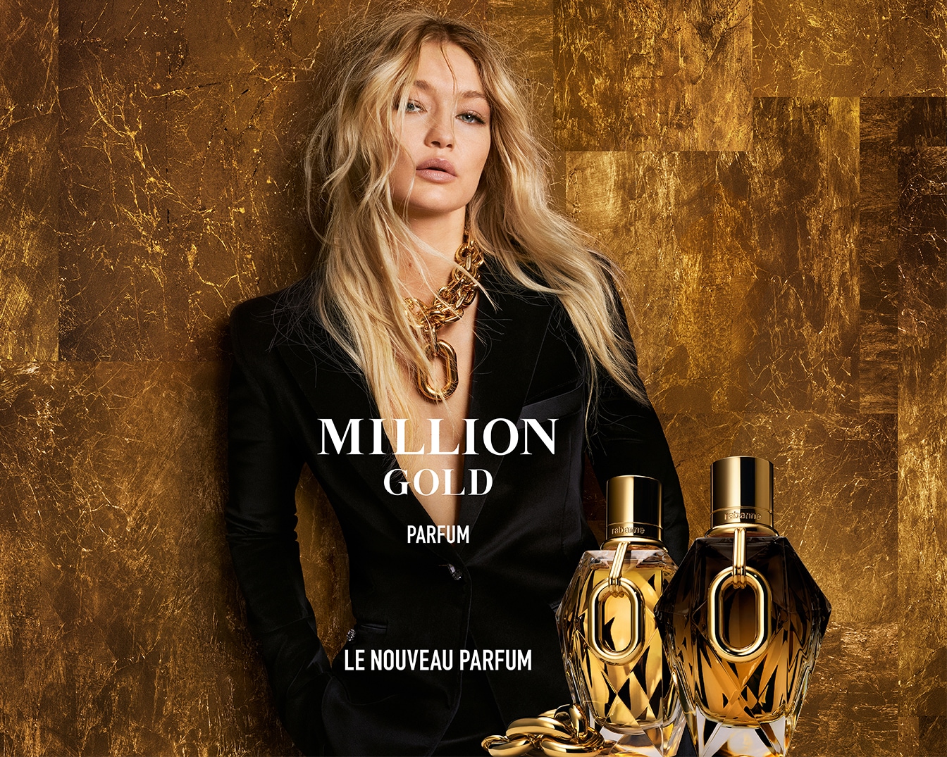 Découvrez Million Gold Parfum, le nouveau parfum avec Gigi Hadid, dans un écrin doré étincelant, symbole de luxe et d'élégance.