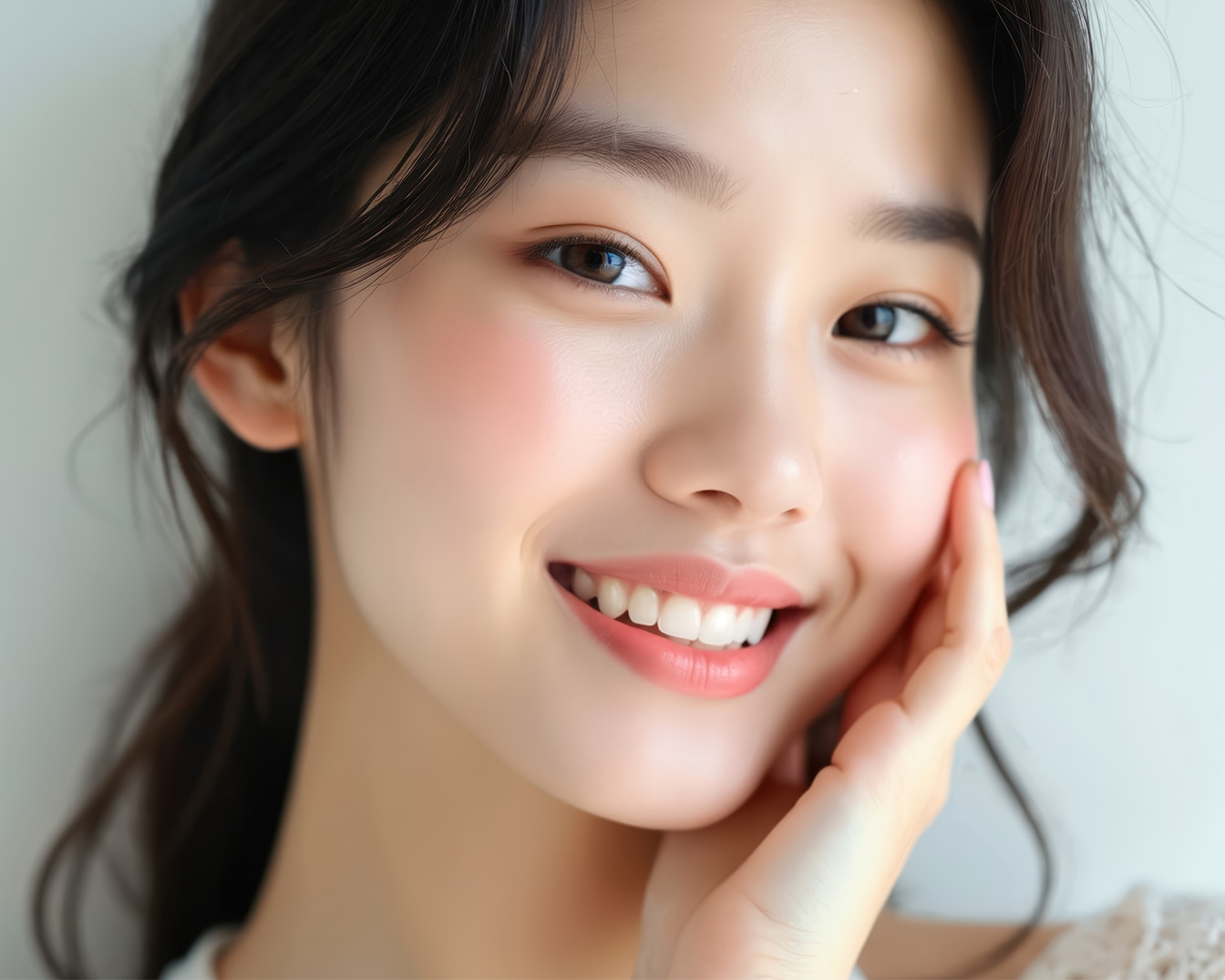 Nahaufnahme einer lächelnden Frau mit rosigen Wangen und sanftem Make-up, die ihre Wange mit der Hand berührt.