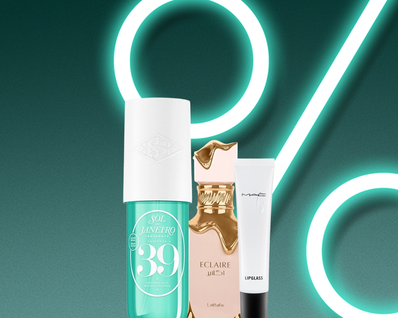 Entdecken Sie eine Auswahl an Schönheitsprodukten, darunter Sol de Janeiro Cheirosa '39 Parfüm-Mist, Lattafa Éclaire und MAC Lipgloss, vor einem hellen Prozentsatz-Symbol.