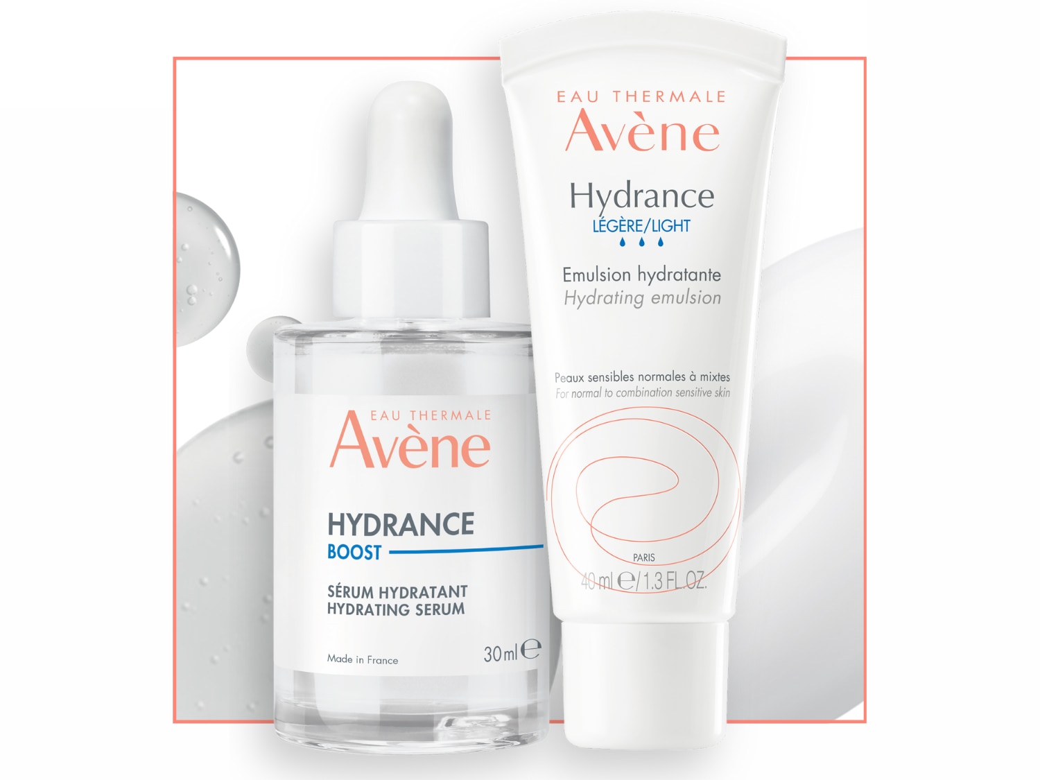 Twee Avène Hydrance producten: een hydraterend serum in een heldere glazen fles met een witte pipet en een hydraterende emulsie in een witte tube.