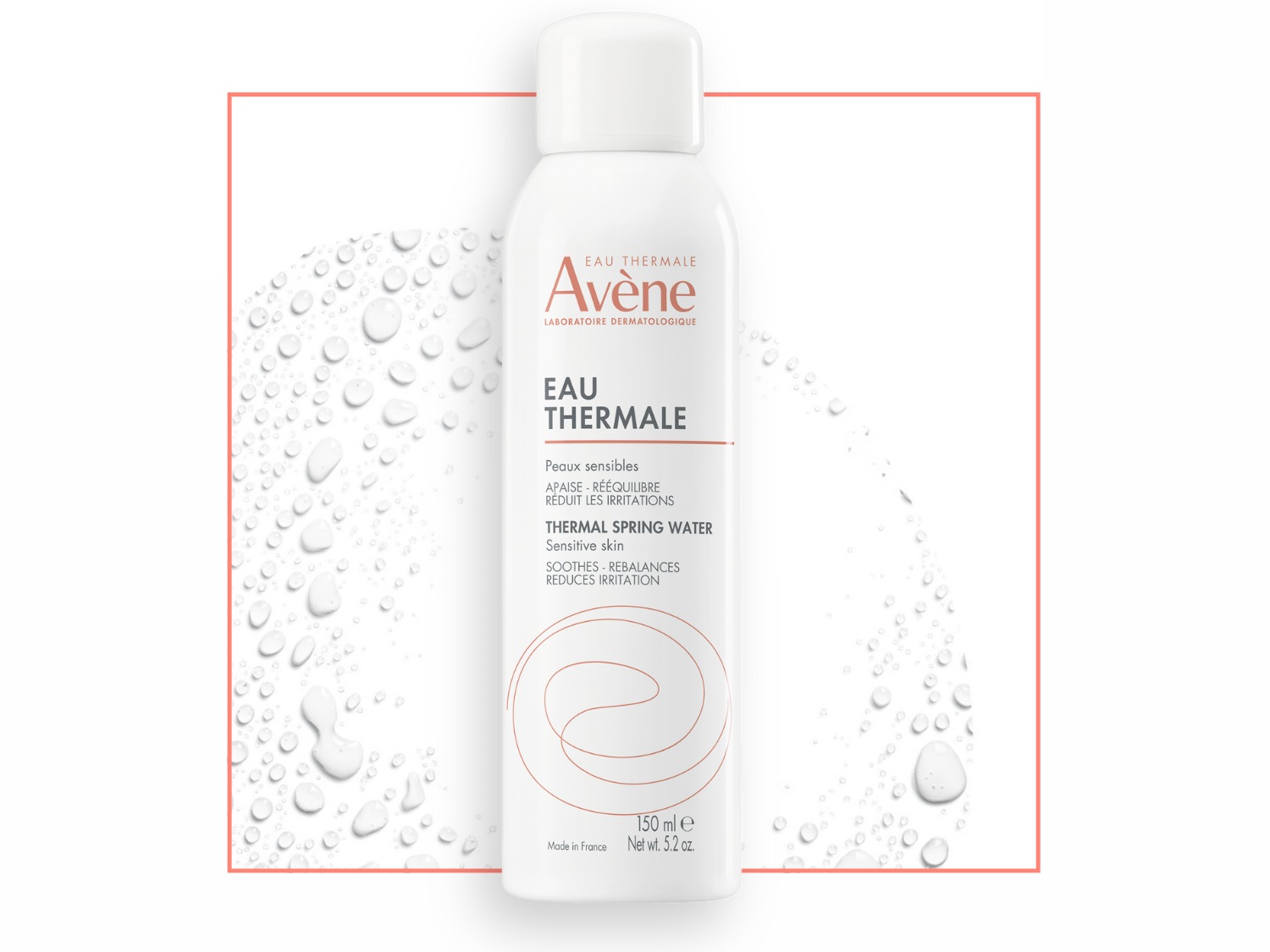 Avène Eau Thermale, een kalmerende thermale bronwaterspray voor de gevoelige huid, in een witte verpakking.