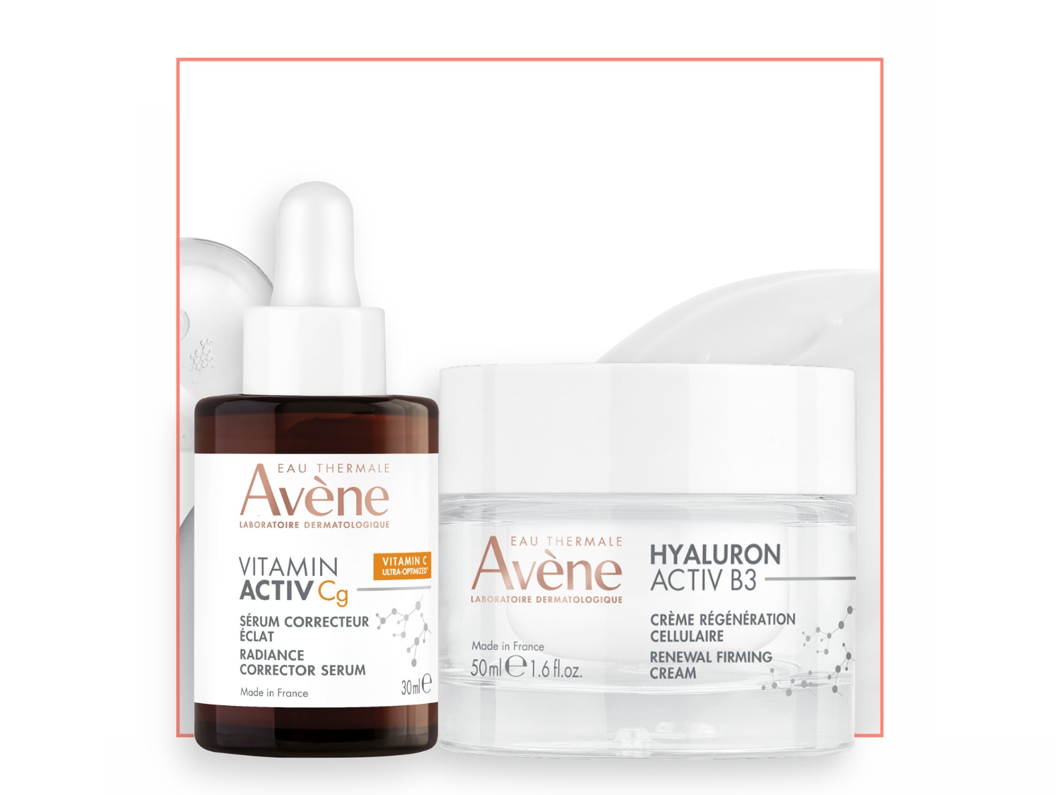 Avène Eau Thermale huidverzorgingsset met een Vitamin Activ Cg serum in een bruine glazen fles met een witte dop en een Hyaluron Activ B3 crème in een heldere pot met een witte deksel.