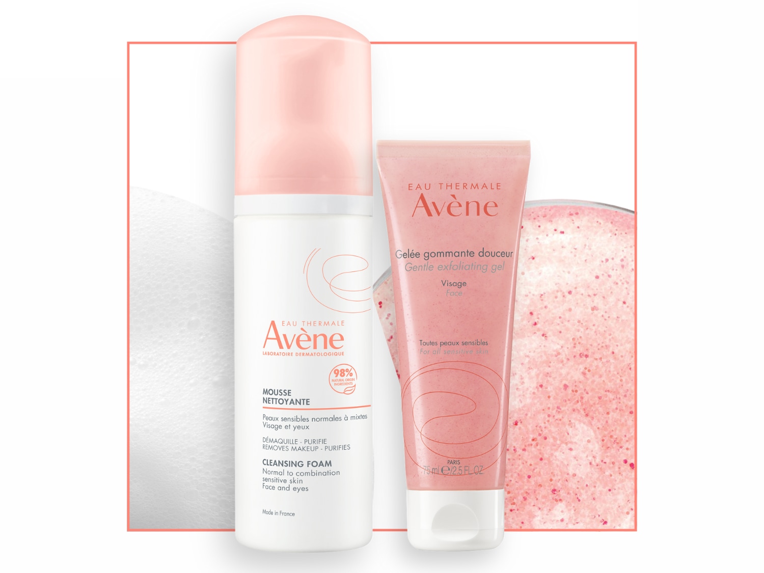 De Avène reinigingsschuim en zachte peeling gel, beide in een witte en roze verpakking, zijn geschikt voor de gevoelige huid en bevatten 98% natuurlijke ingrediënten.