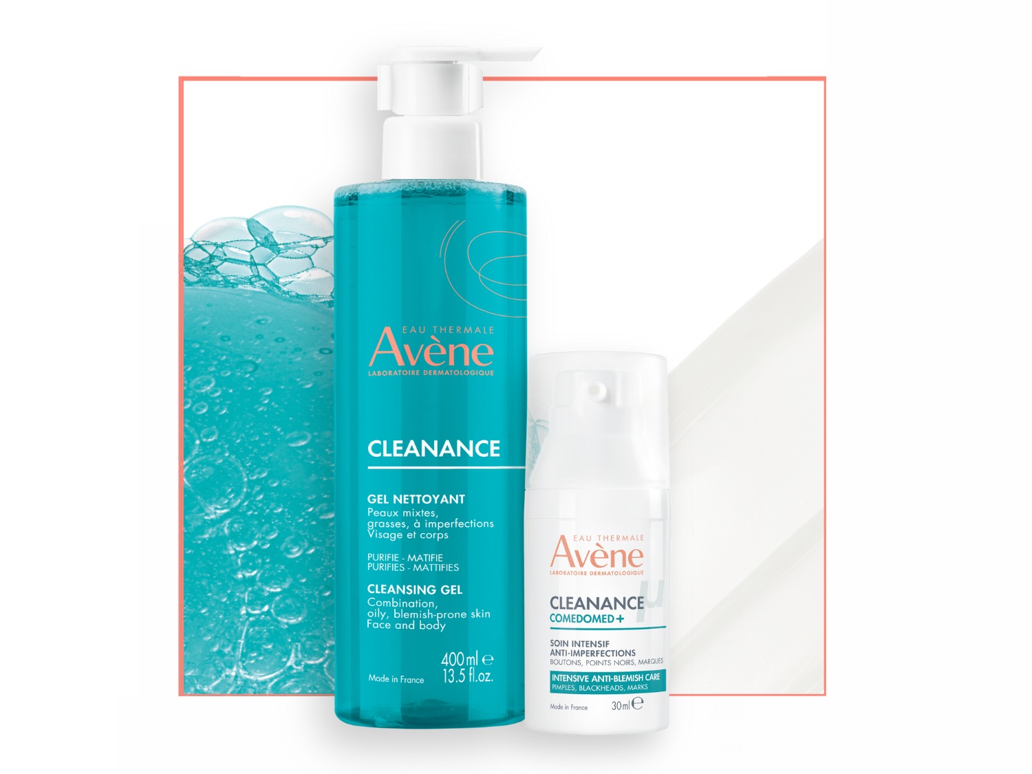 De Avene Cleanance-reinigingsgel in een blauwe fles van 400 ml is geschikt voor de gecombineerde, vette en onzuivere huid van gezicht en lichaam.