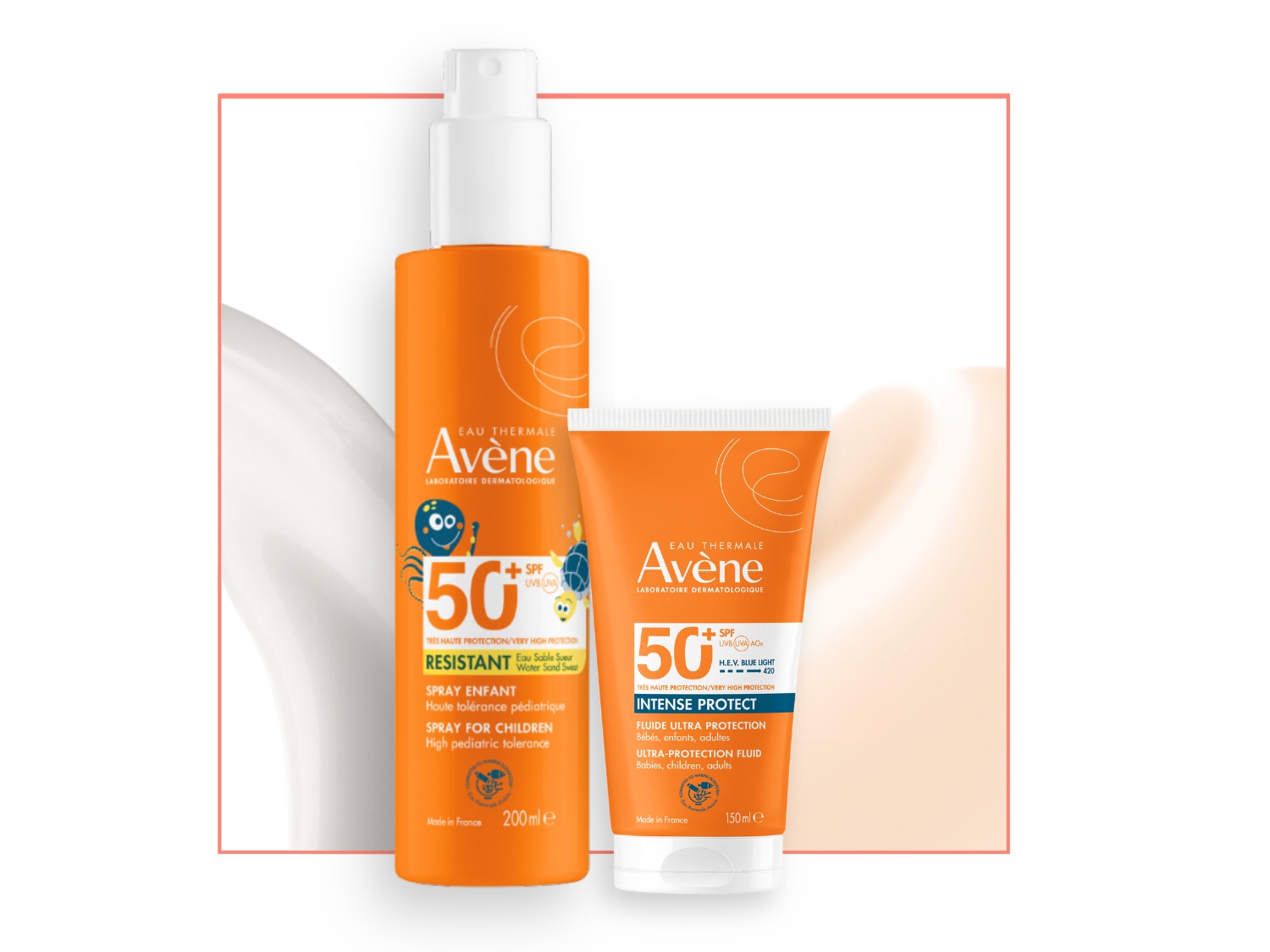 Oranje Avène zonbeschermingsset voor kinderen met een spray van 200 ml en een tube van 150 ml, beide met SPF 50 voor zeer hoge bescherming.
