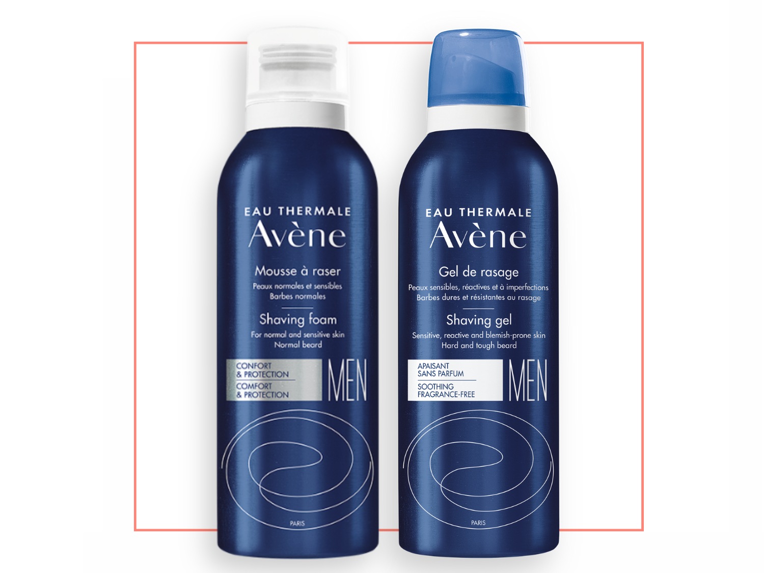 Twee donkerblauwe flessen Avène Men scheerproducten, één scheerschuim voor de normale huid en één scheergel voor de gevoelige huid.