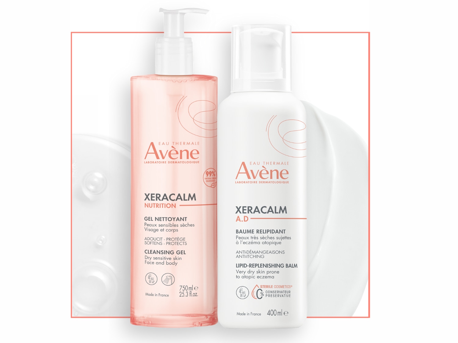 Twee flessen Avène XeraCalm-huidverzorgingsproducten, een reinigingsgel in een roze fles en een balsem in een witte fles, voor de droge en gevoelige huid.