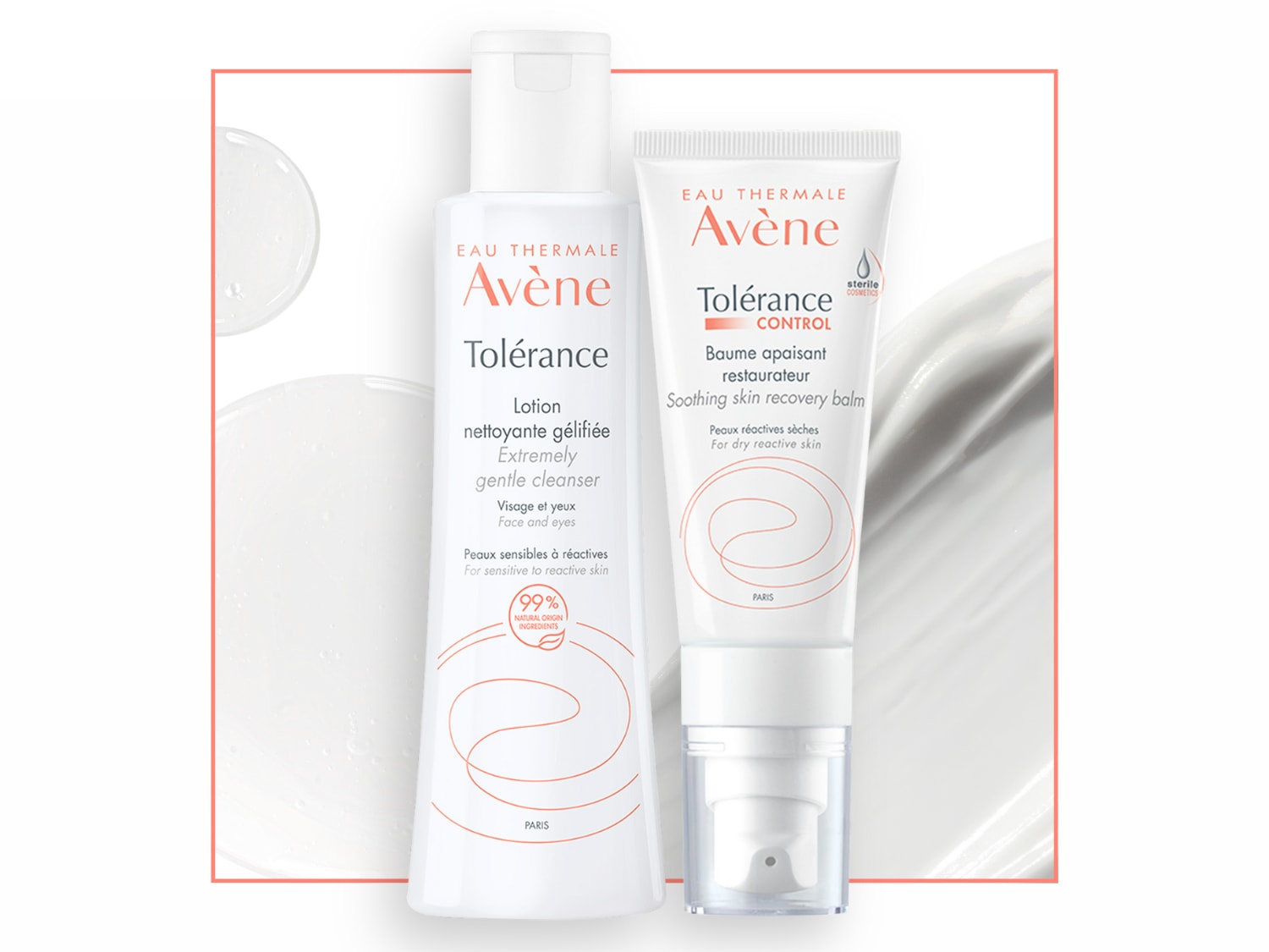 Twee witte flessen Avène Tolérance-producten, een zachte reiniger en een herstellende balsem, staan klaar om de gevoelige huid te kalmeren en te verzorgen.