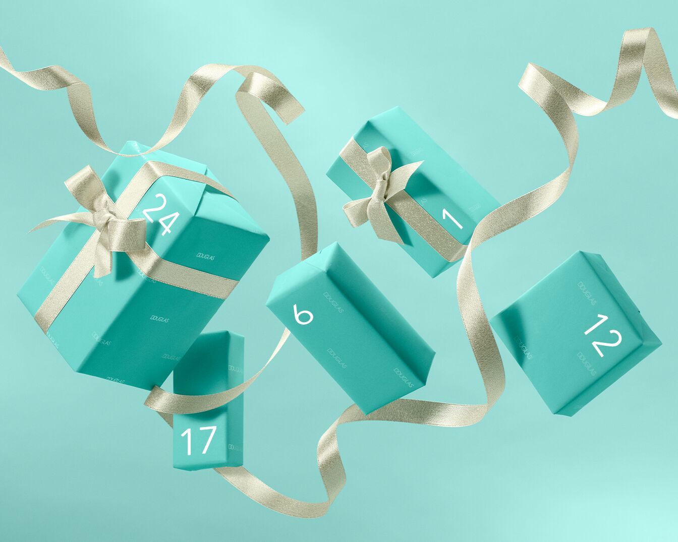 Zwevende turquoise Douglas cadeauverpakkingen met gouden linten en nummers, klaar om de feestdagen te vieren.